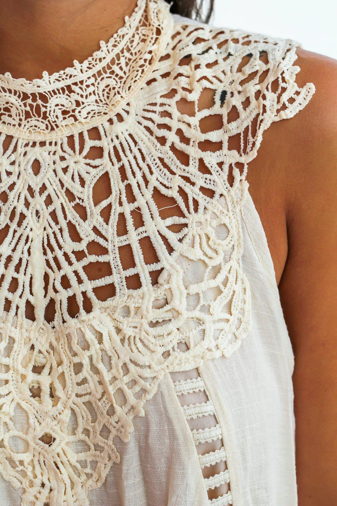 Natural Crochet Short Dress with Cut Out Detail