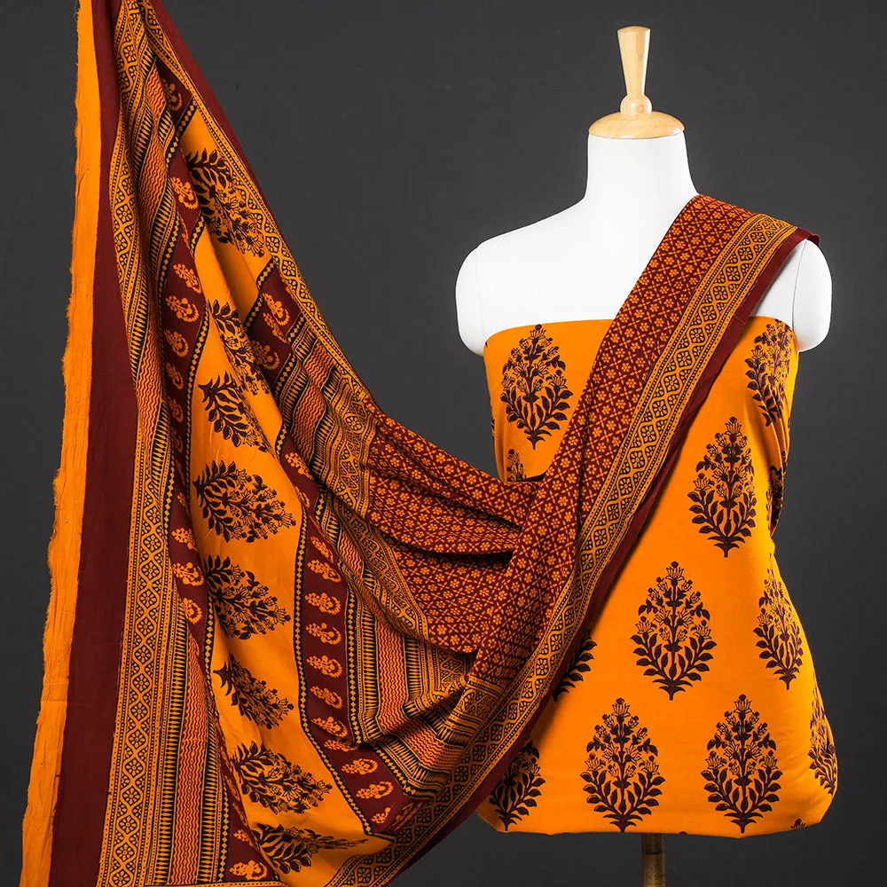 Orange - 3pc Bagh Block Printed Natural Dyed Cotton Suit Material Set 03