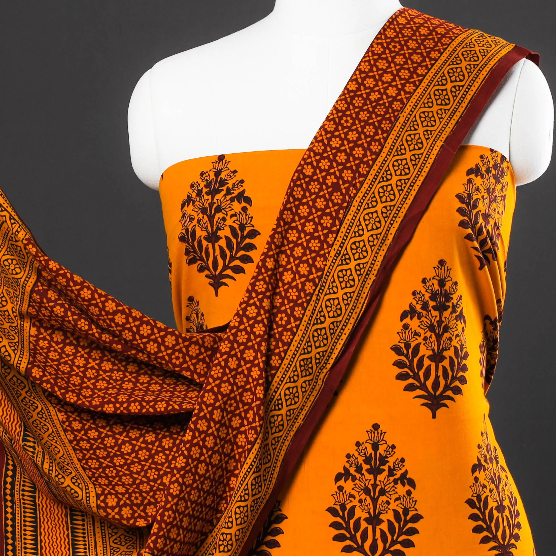 Orange - 3pc Bagh Block Printed Natural Dyed Cotton Suit Material Set 03