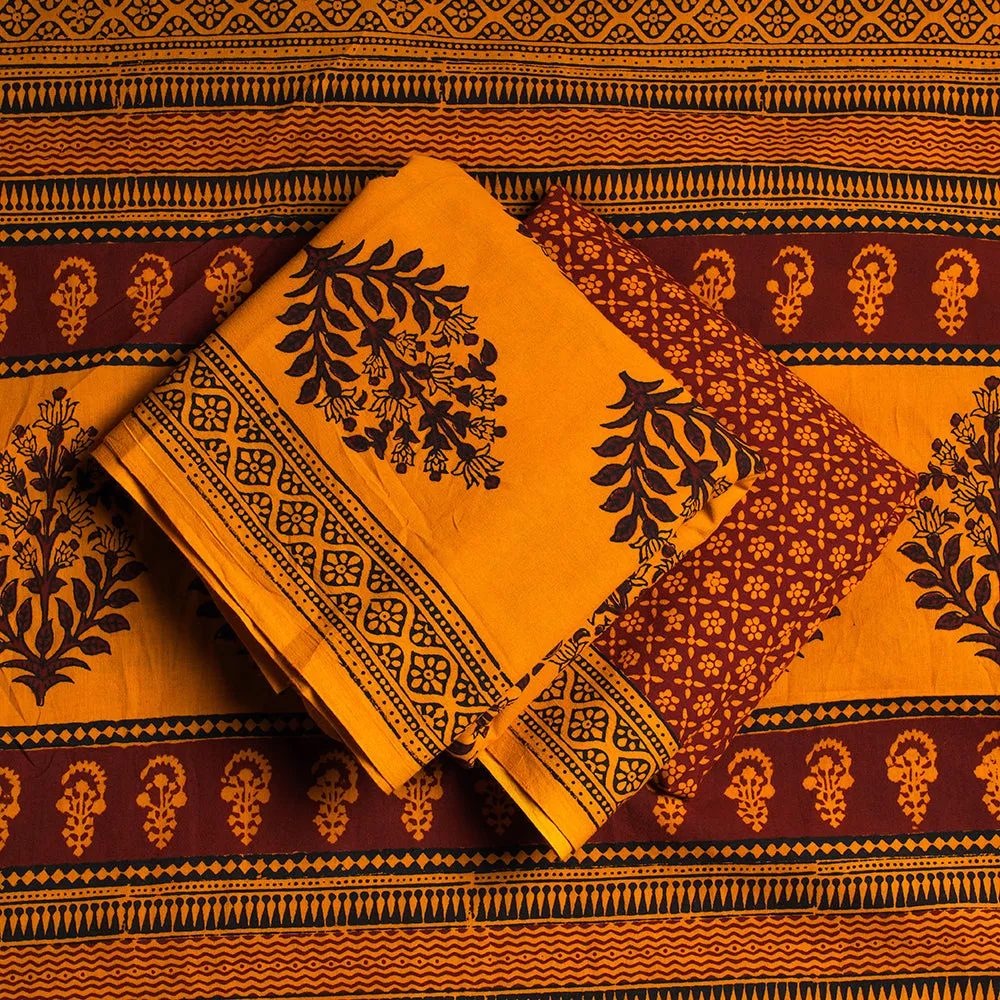 Orange - 3pc Bagh Block Printed Natural Dyed Cotton Suit Material Set 03