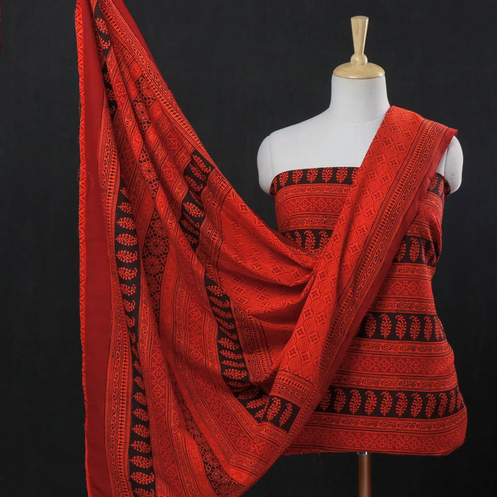 Orange - 3pc Bagh Block Printed Natural Dyed Cotton Suit Material Set