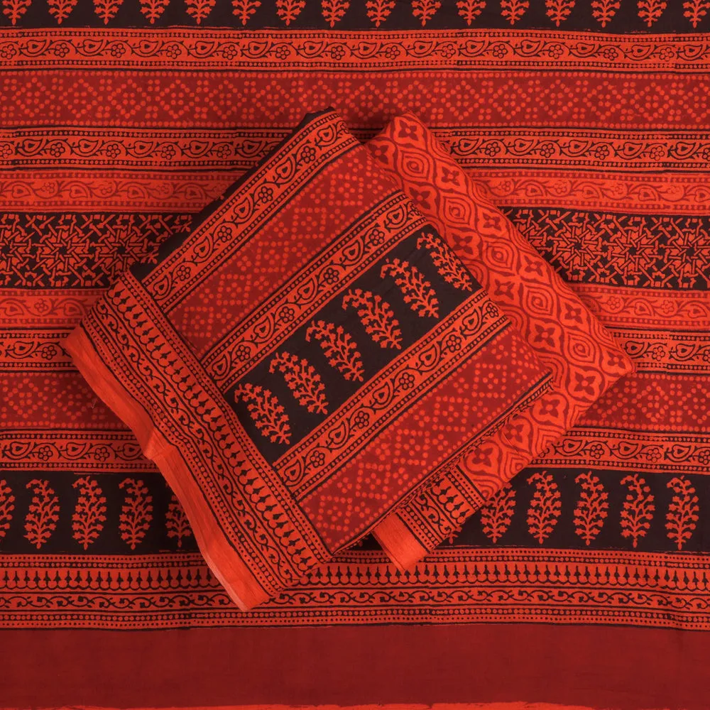 Orange - 3pc Bagh Block Printed Natural Dyed Cotton Suit Material Set