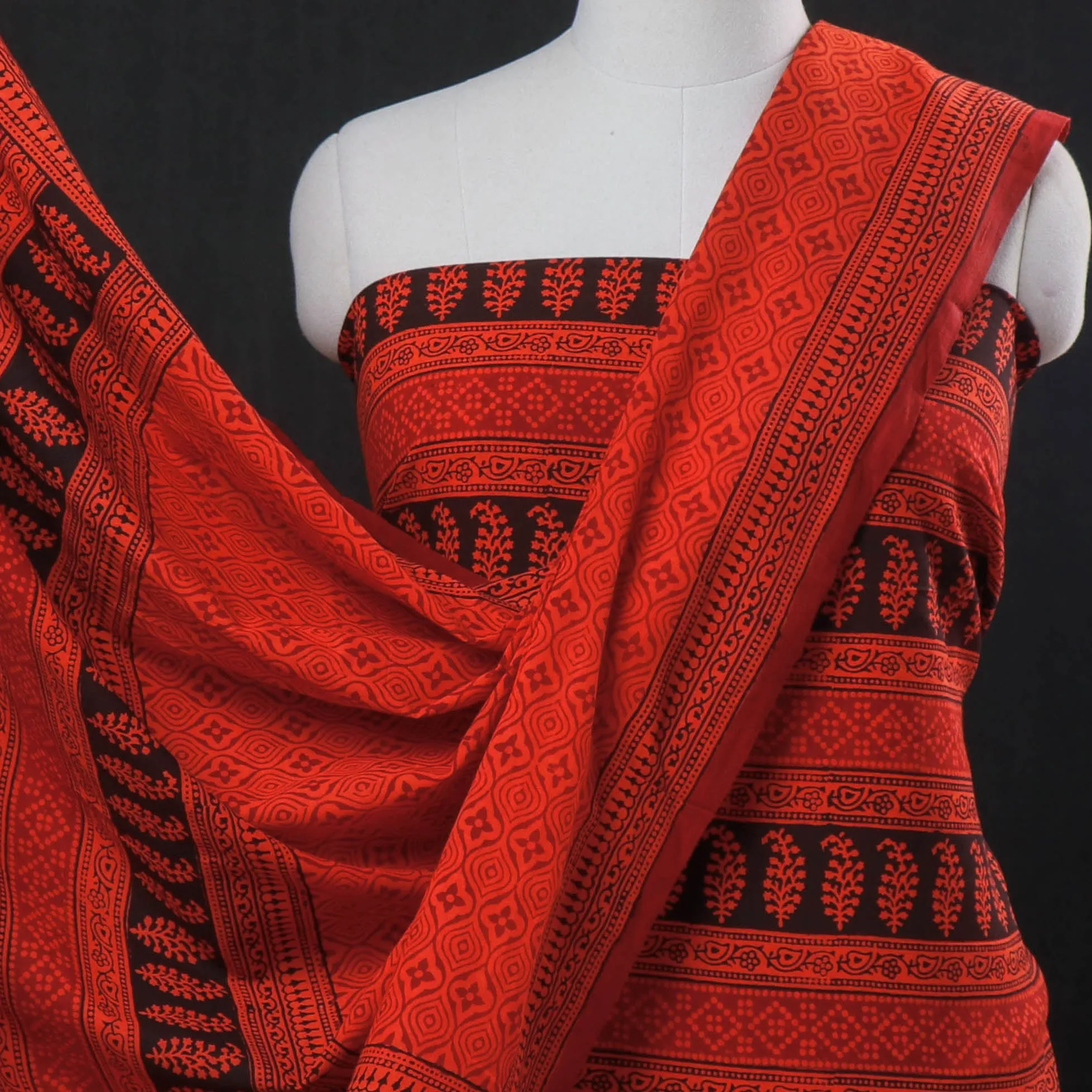 Orange - 3pc Bagh Block Printed Natural Dyed Cotton Suit Material Set