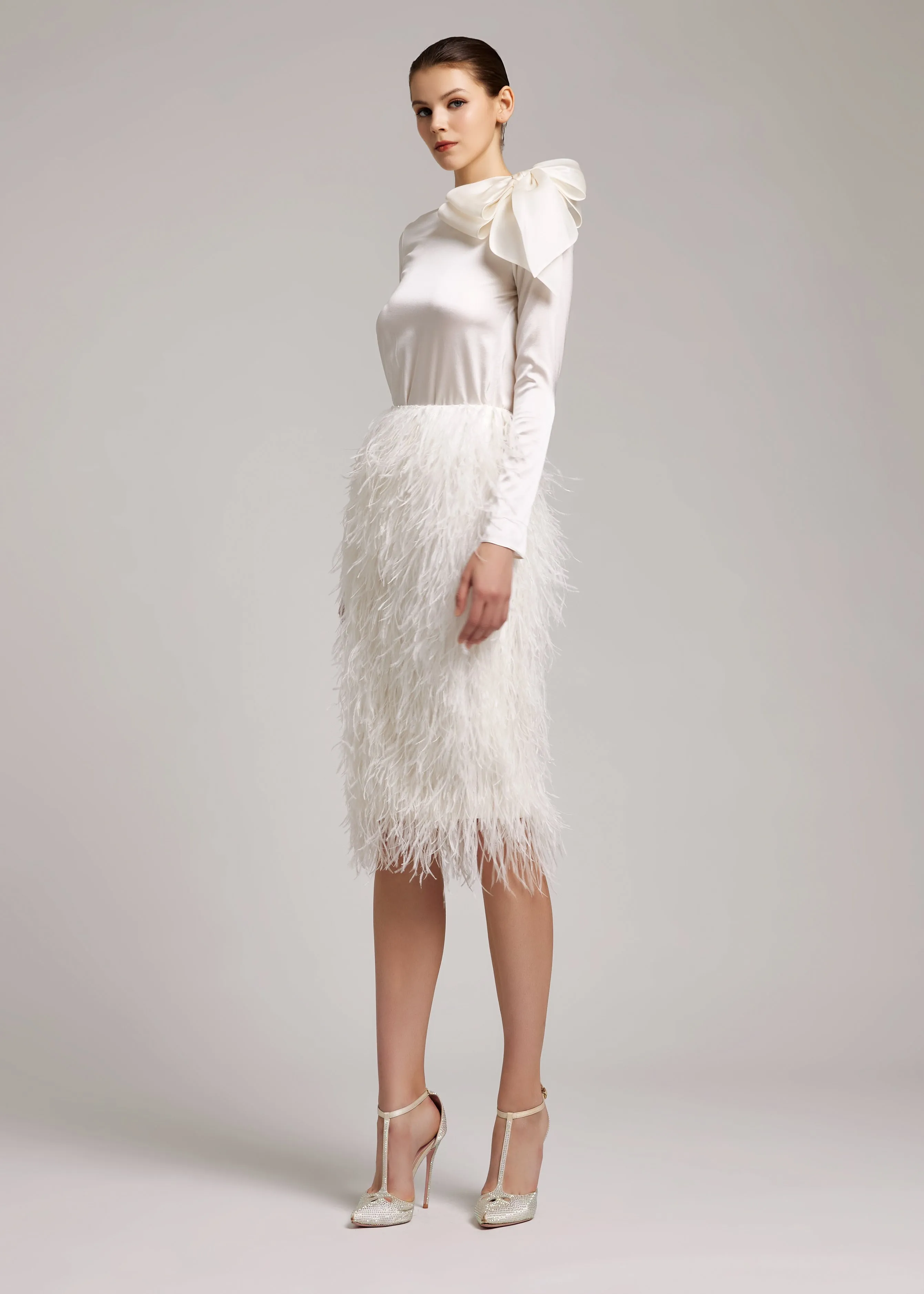 Ostrich Feather Embellished High Waisted Skirt in White