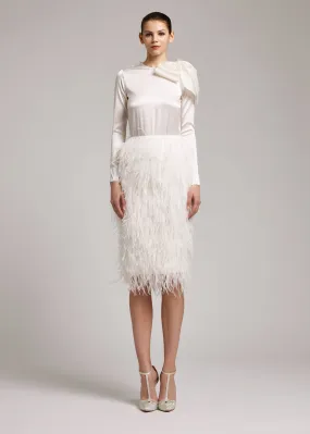 Ostrich Feather Embellished High Waisted Skirt in White