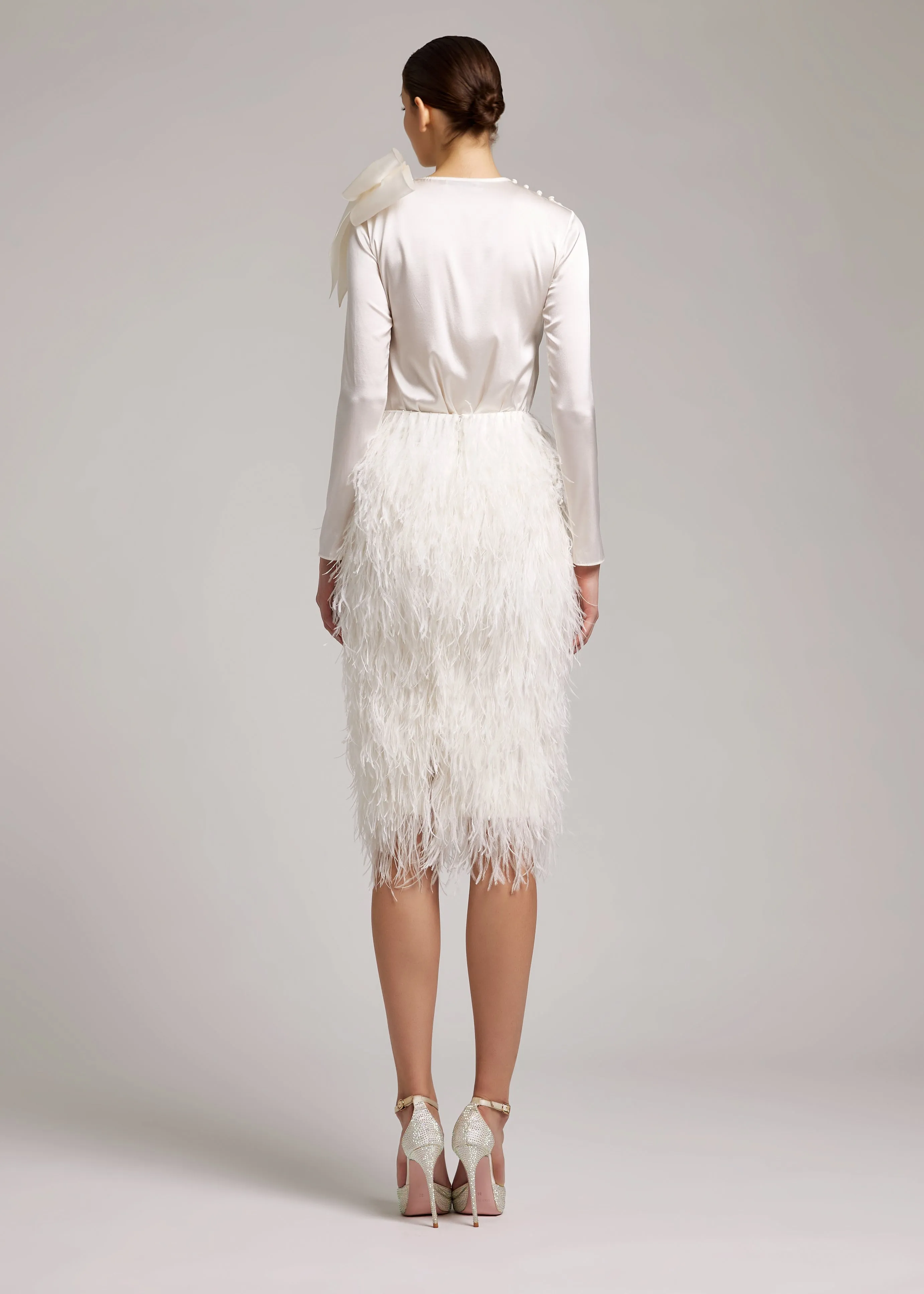 Ostrich Feather Embellished High Waisted Skirt in White