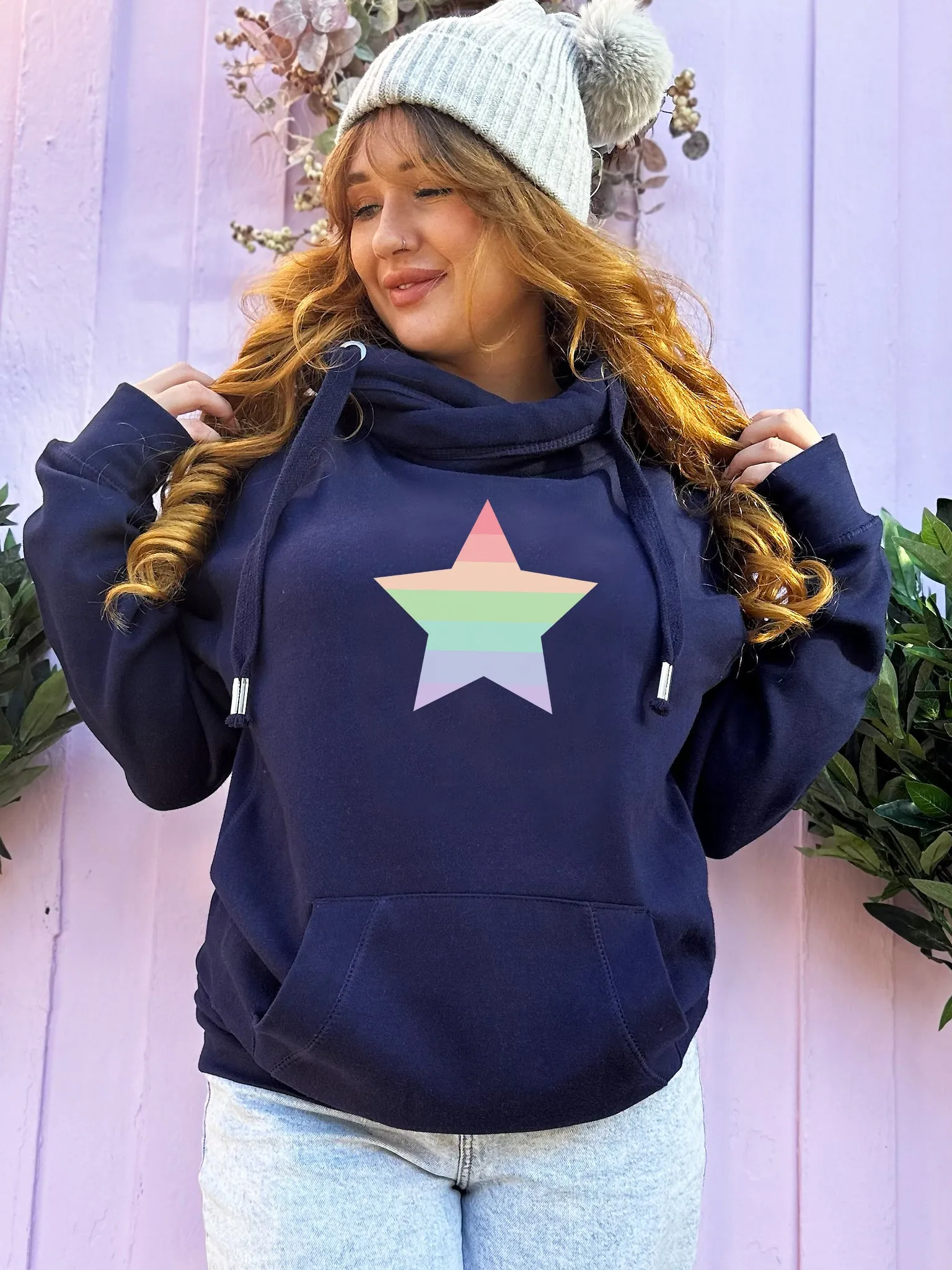 Pastel Rainbow 'Star' Luxe Christmas Hoodie - Navy