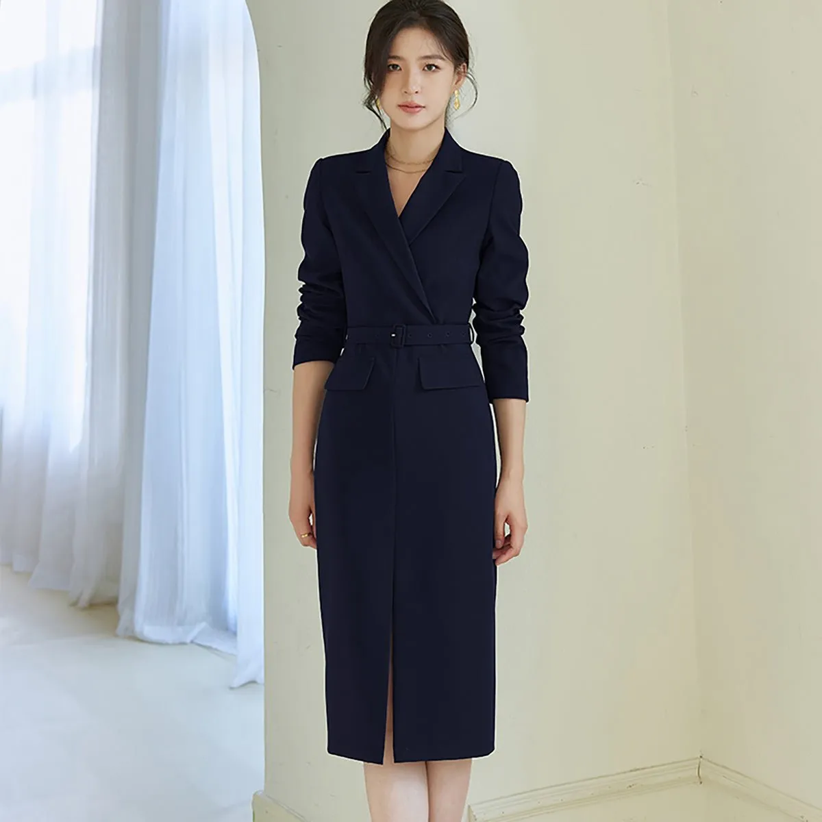 Pencil-Cut Coat Dress in Navy