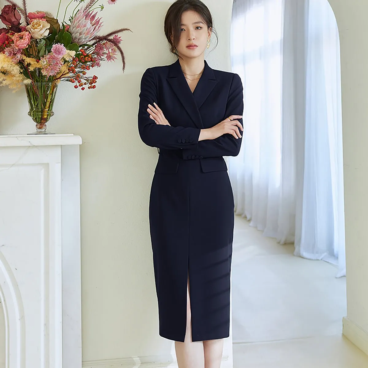 Pencil-Cut Coat Dress in Navy