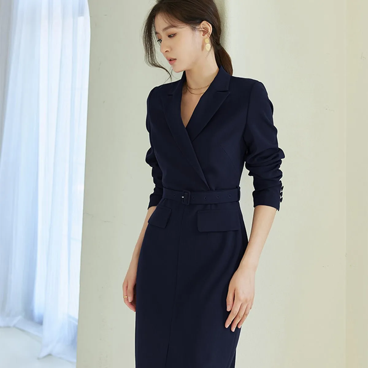 Pencil-Cut Coat Dress in Navy