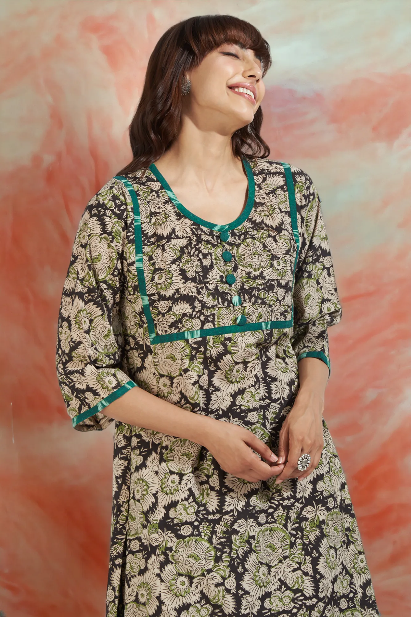 pintuck yoke kalidar slit kurta - mystic noir & enchanted forest