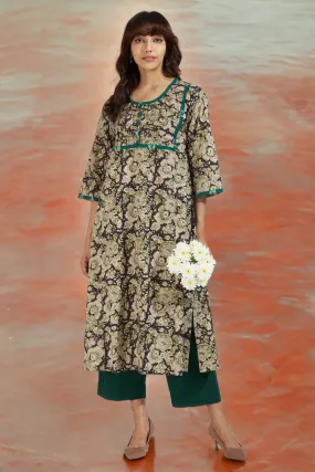 pintuck yoke kalidar slit kurta - mystic noir & enchanted forest