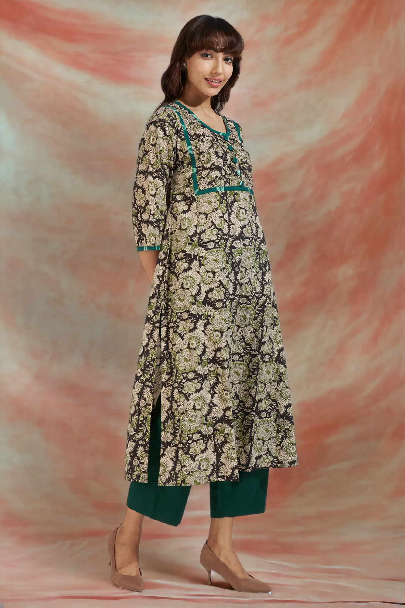 pintuck yoke kalidar slit kurta - mystic noir & enchanted forest