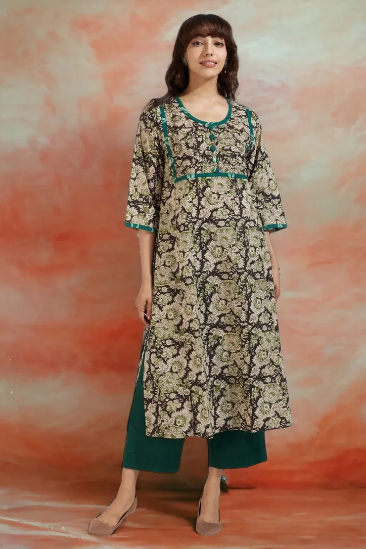 pintuck yoke kalidar slit kurta - mystic noir & enchanted forest