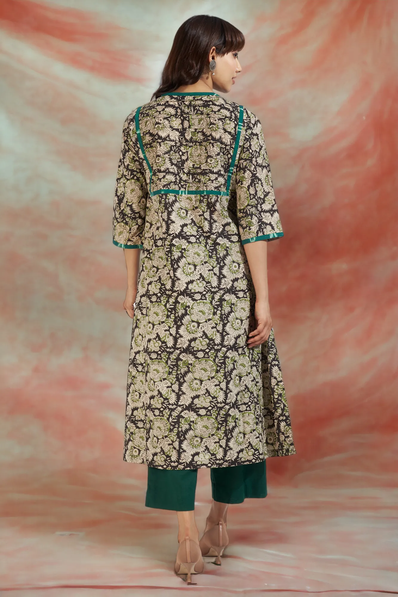 pintuck yoke kalidar slit kurta - mystic noir & enchanted forest