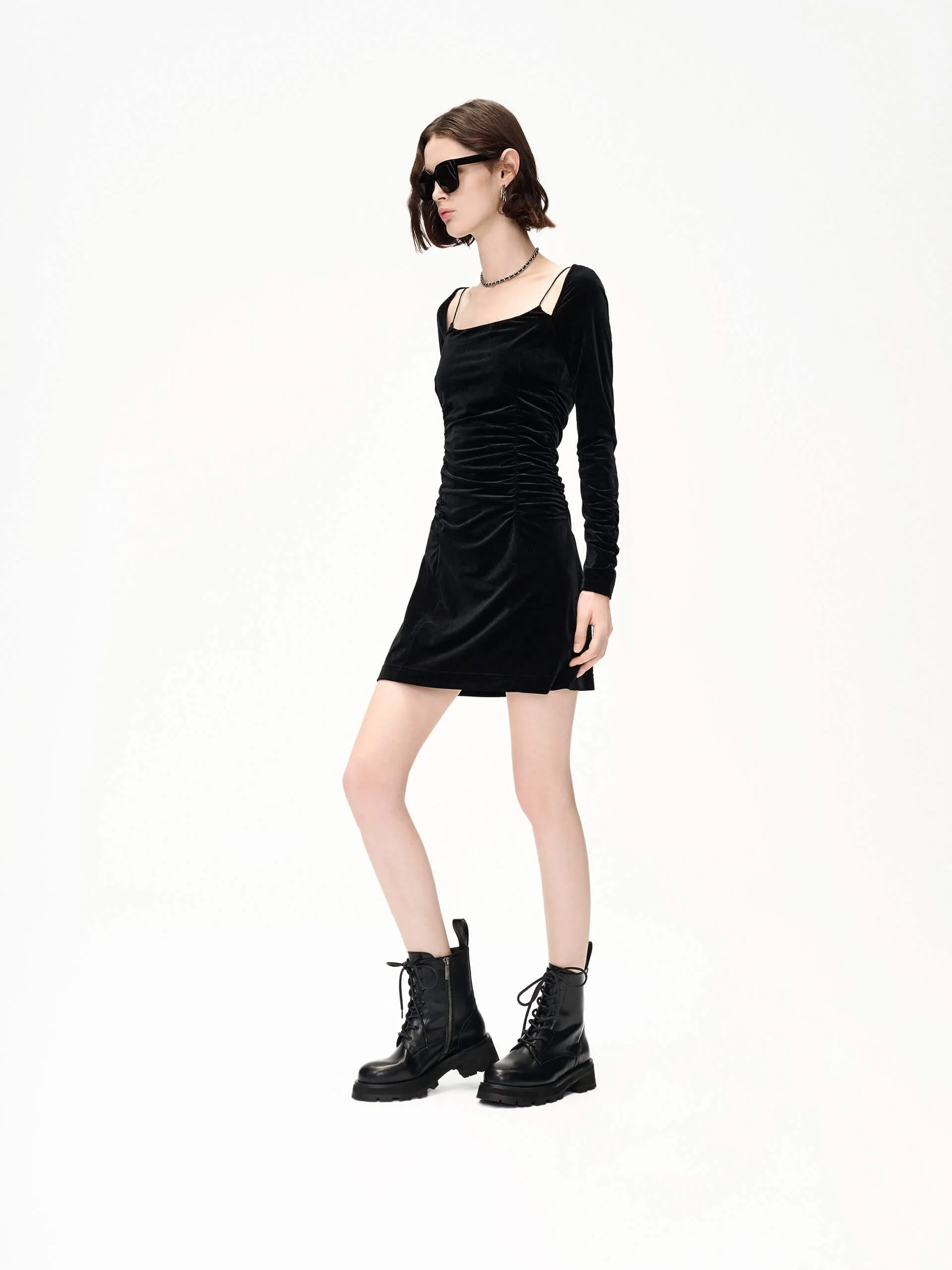 Pleated Detail Velvet Dress