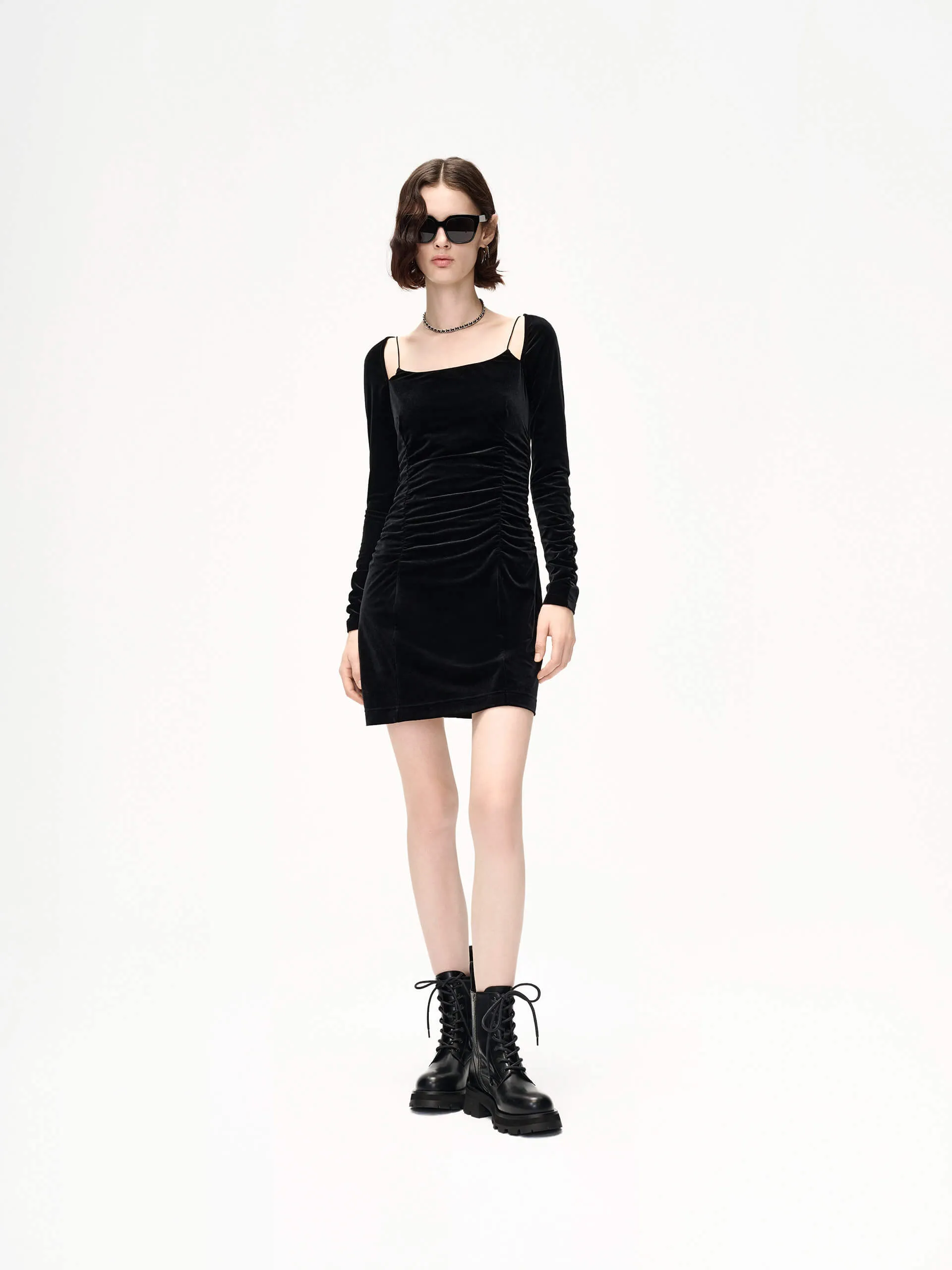 Pleated Detail Velvet Dress