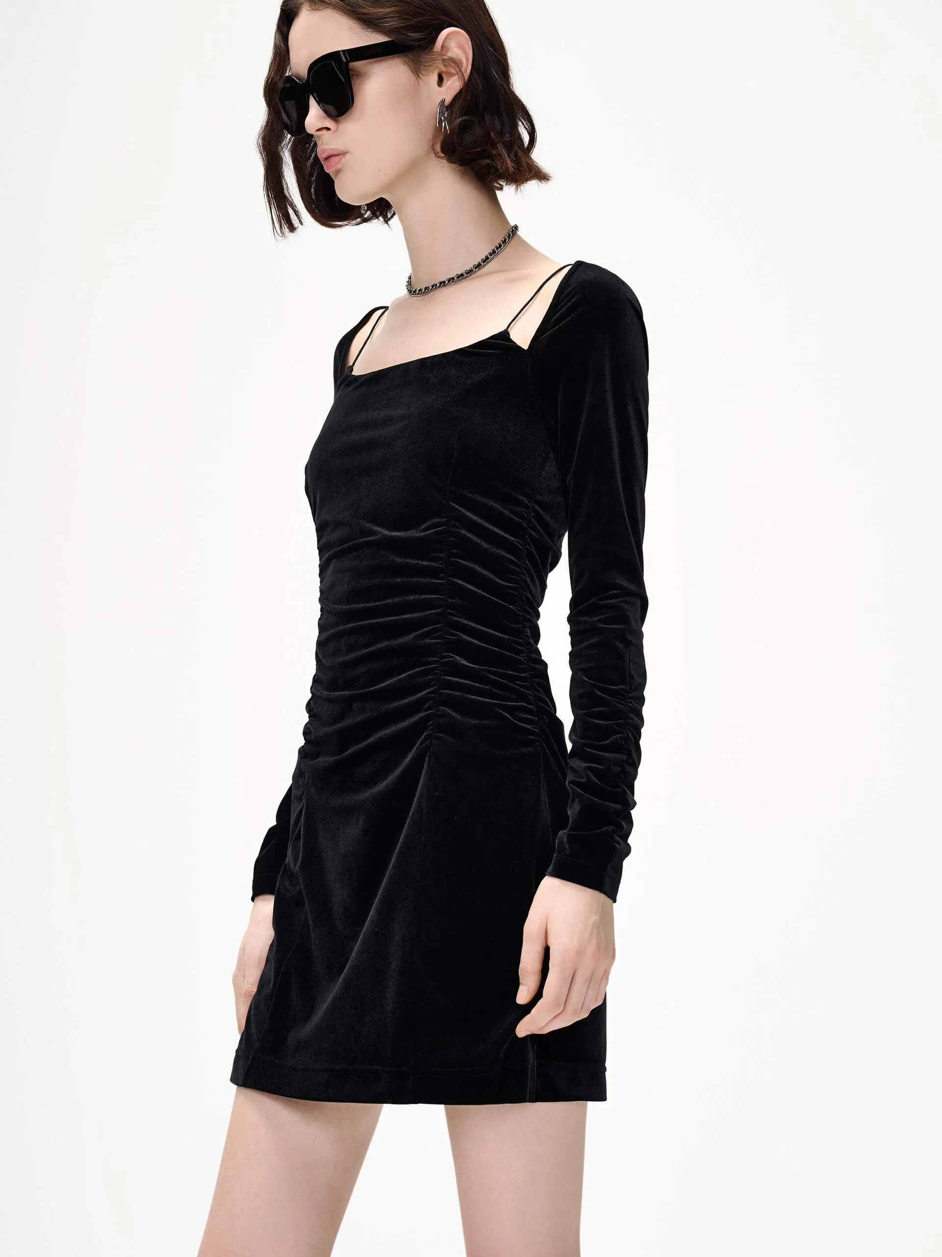 Pleated Detail Velvet Dress