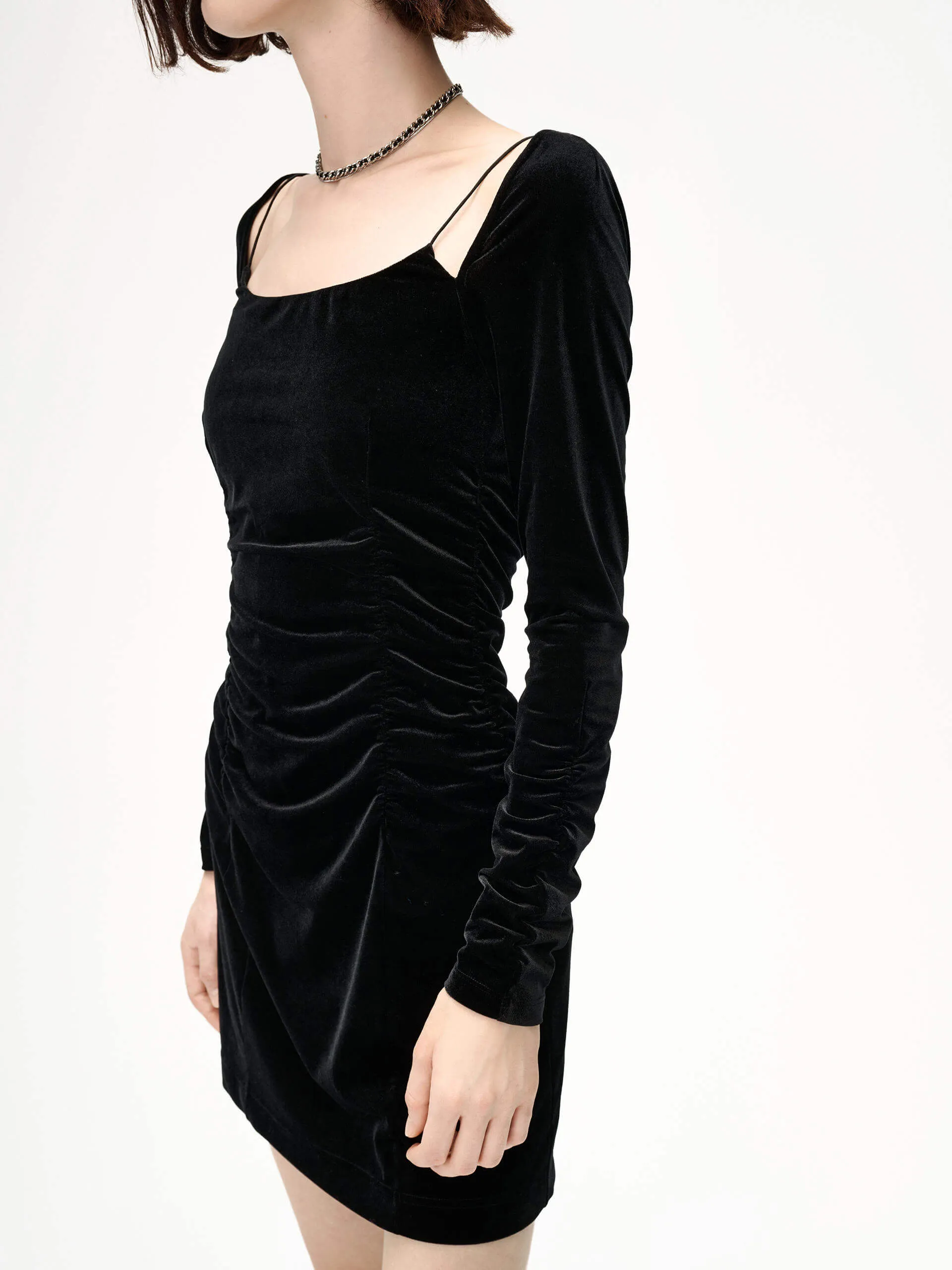 Pleated Detail Velvet Dress