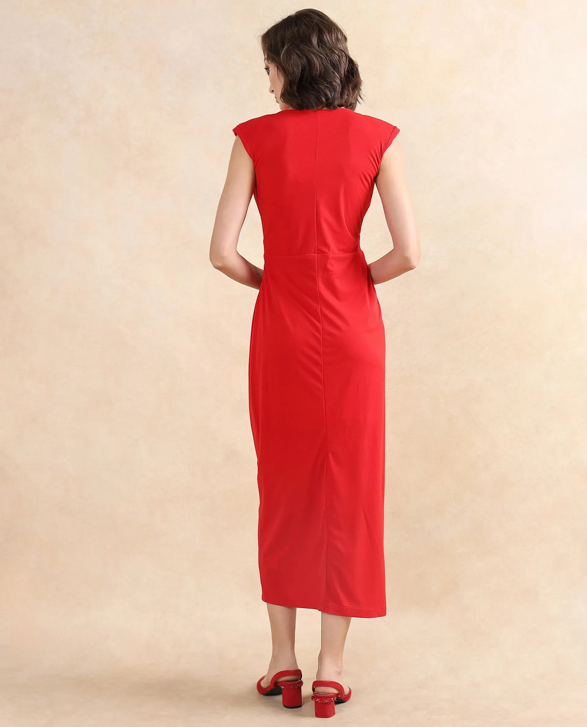 Rareism Women Aksaray Maroon Sleeveless Wrap Neck Fitted Maxi Plain Dress