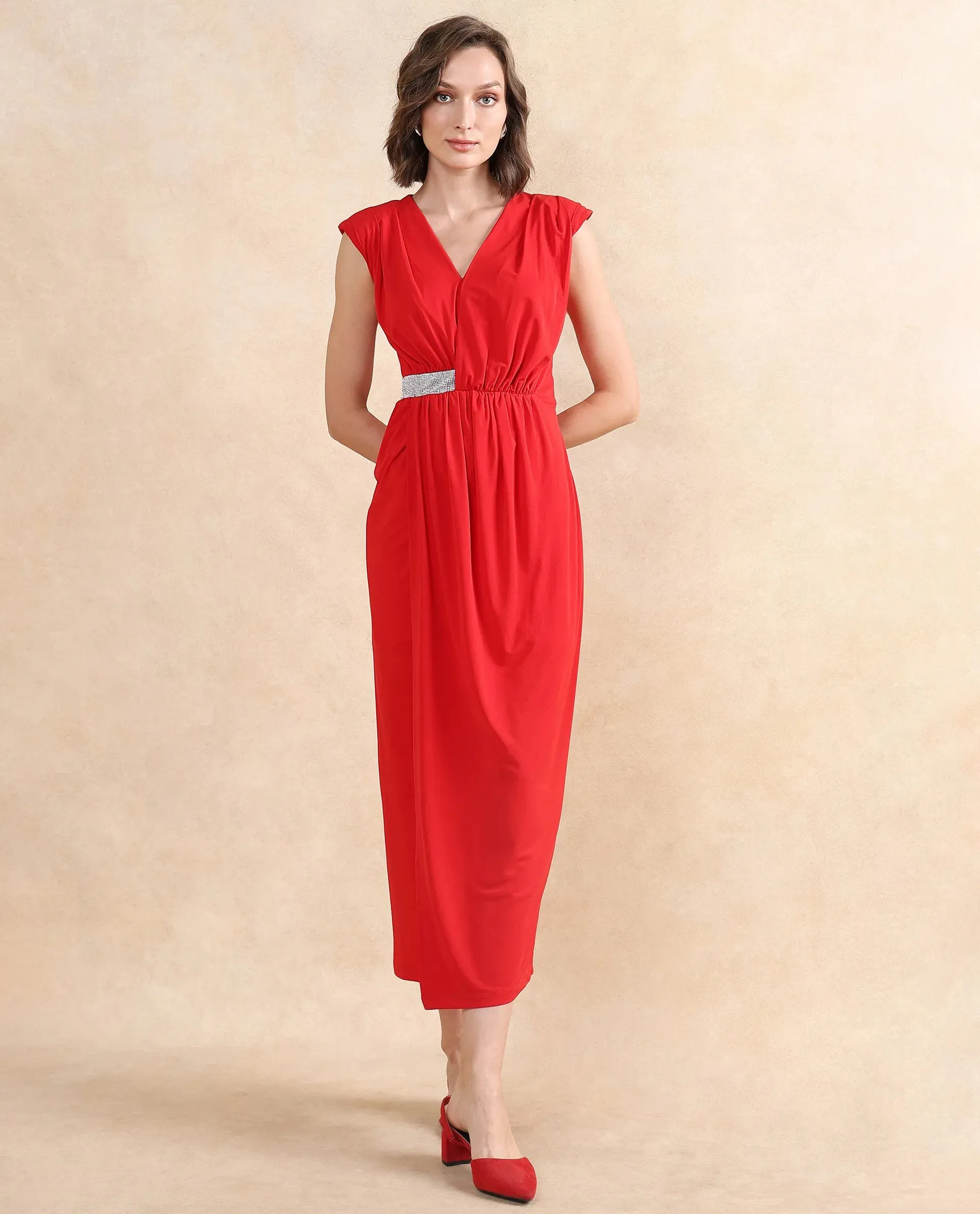 Rareism Women Aksaray Maroon Sleeveless Wrap Neck Fitted Maxi Plain Dress