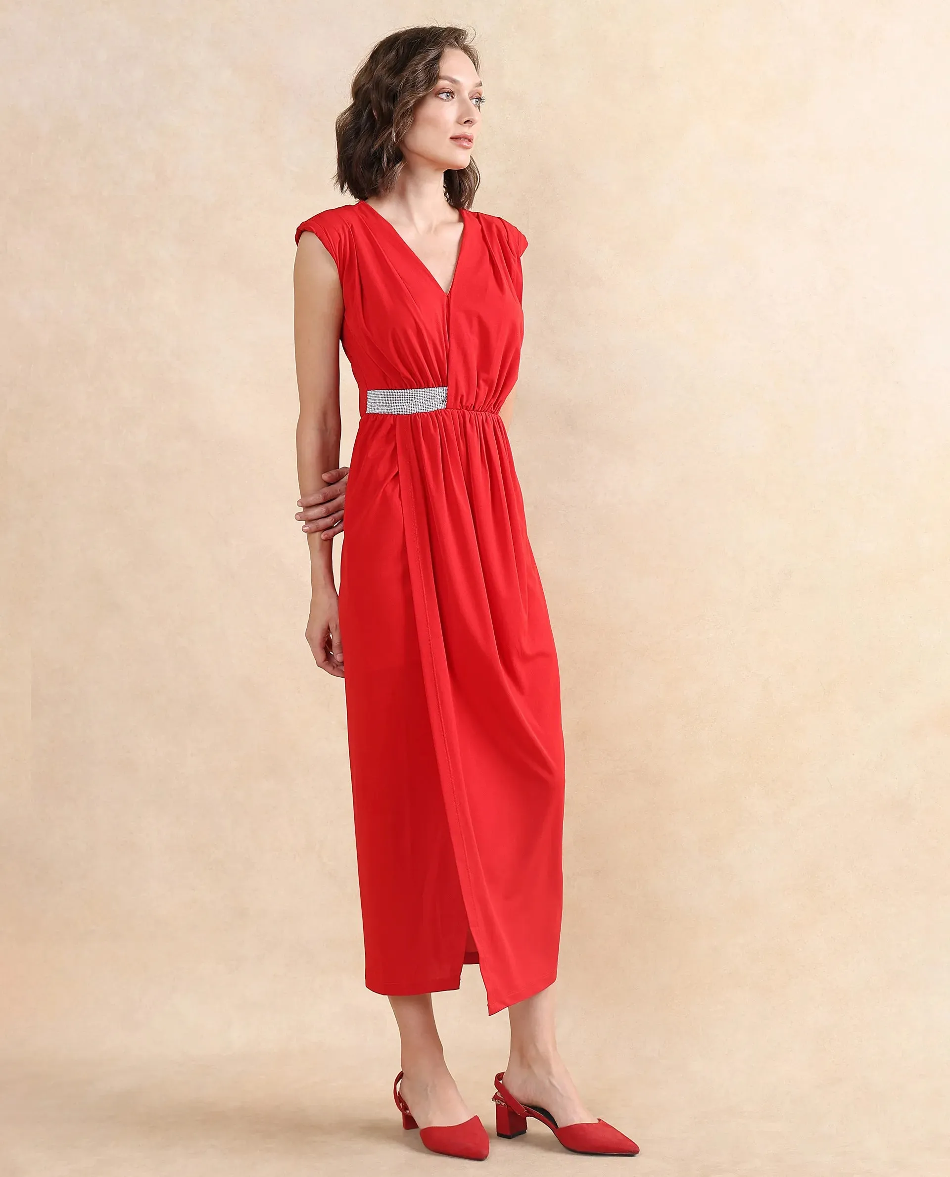 Rareism Women Aksaray Maroon Sleeveless Wrap Neck Fitted Maxi Plain Dress