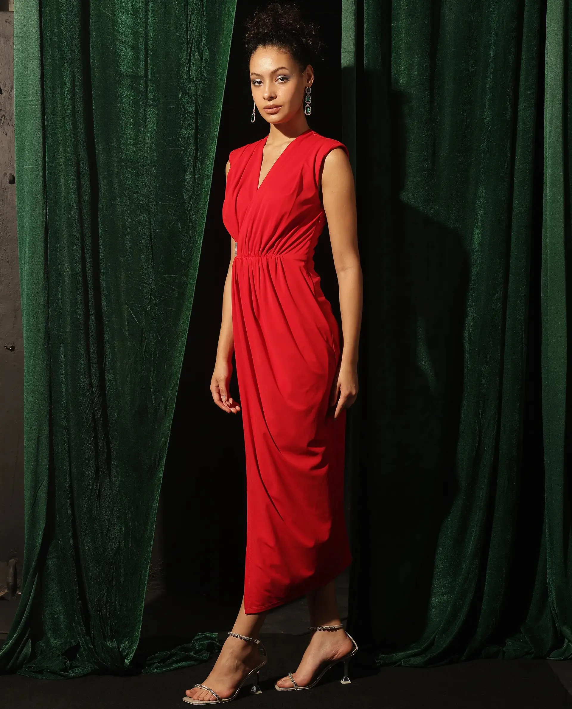 Rareism Women Aksaray Maroon Sleeveless Wrap Neck Fitted Maxi Plain Dress