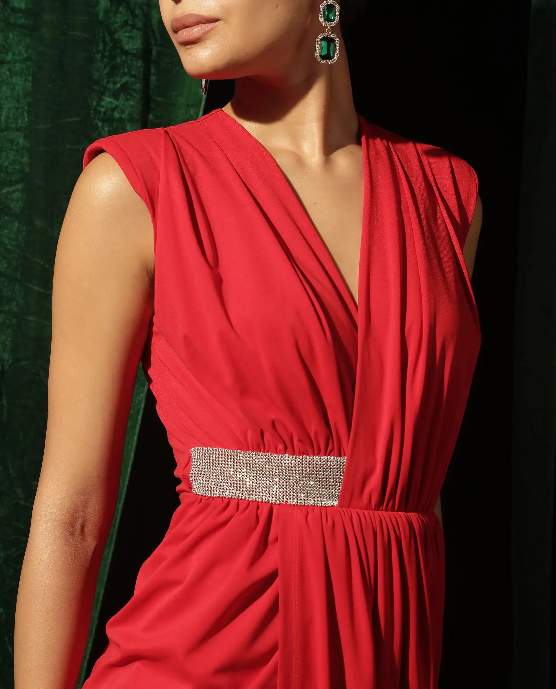 Rareism Women Aksaray Maroon Sleeveless Wrap Neck Fitted Maxi Plain Dress
