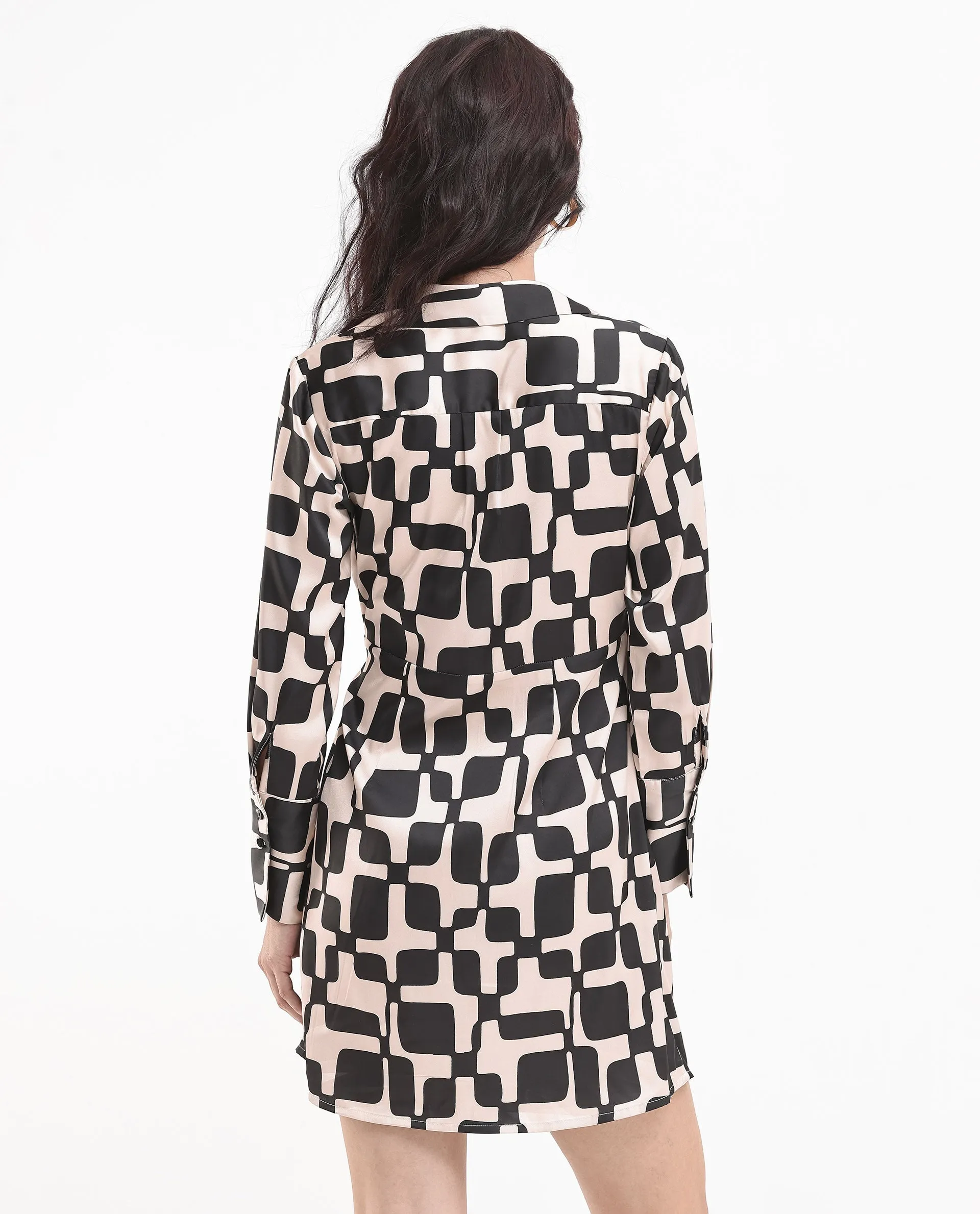 Rareism Women Rager Black Cuffed Sleeve Regular Collar Loop Wrap Geometric Print Mini Dress