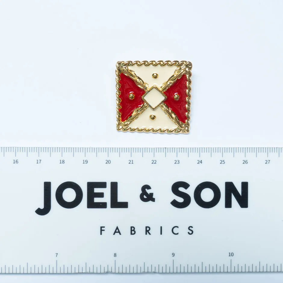 Red & Ivory Enamel Gold Square Button