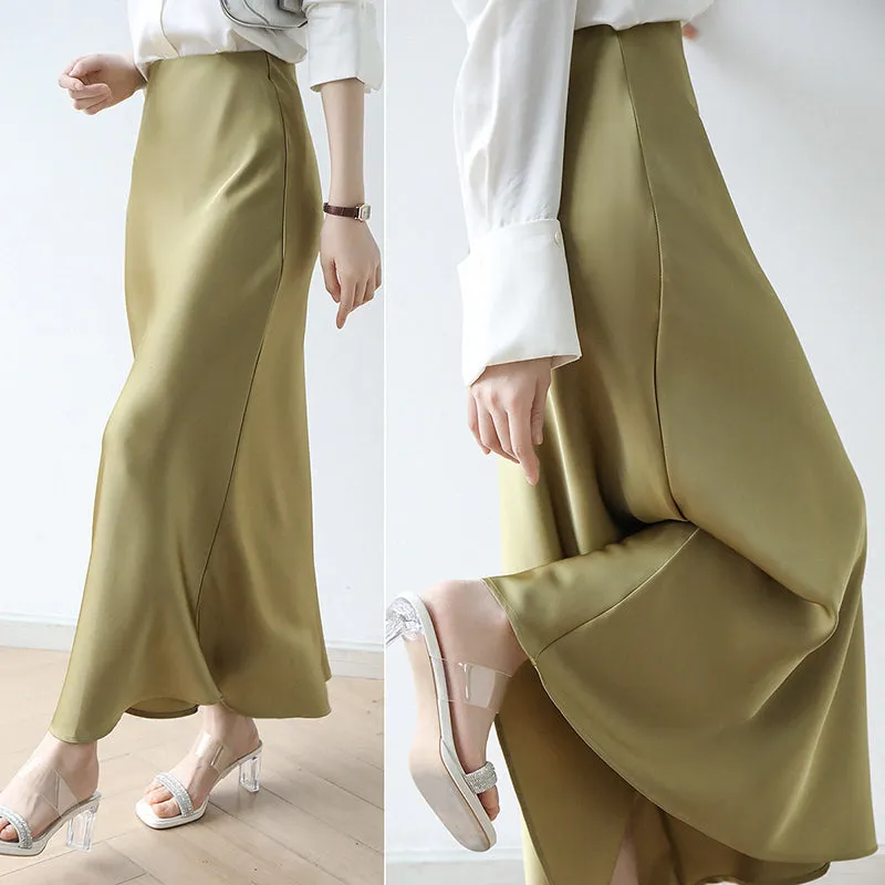 Satin Midi Skirt (ready stock in silver/black (M/ fits S)/ 12 colours)