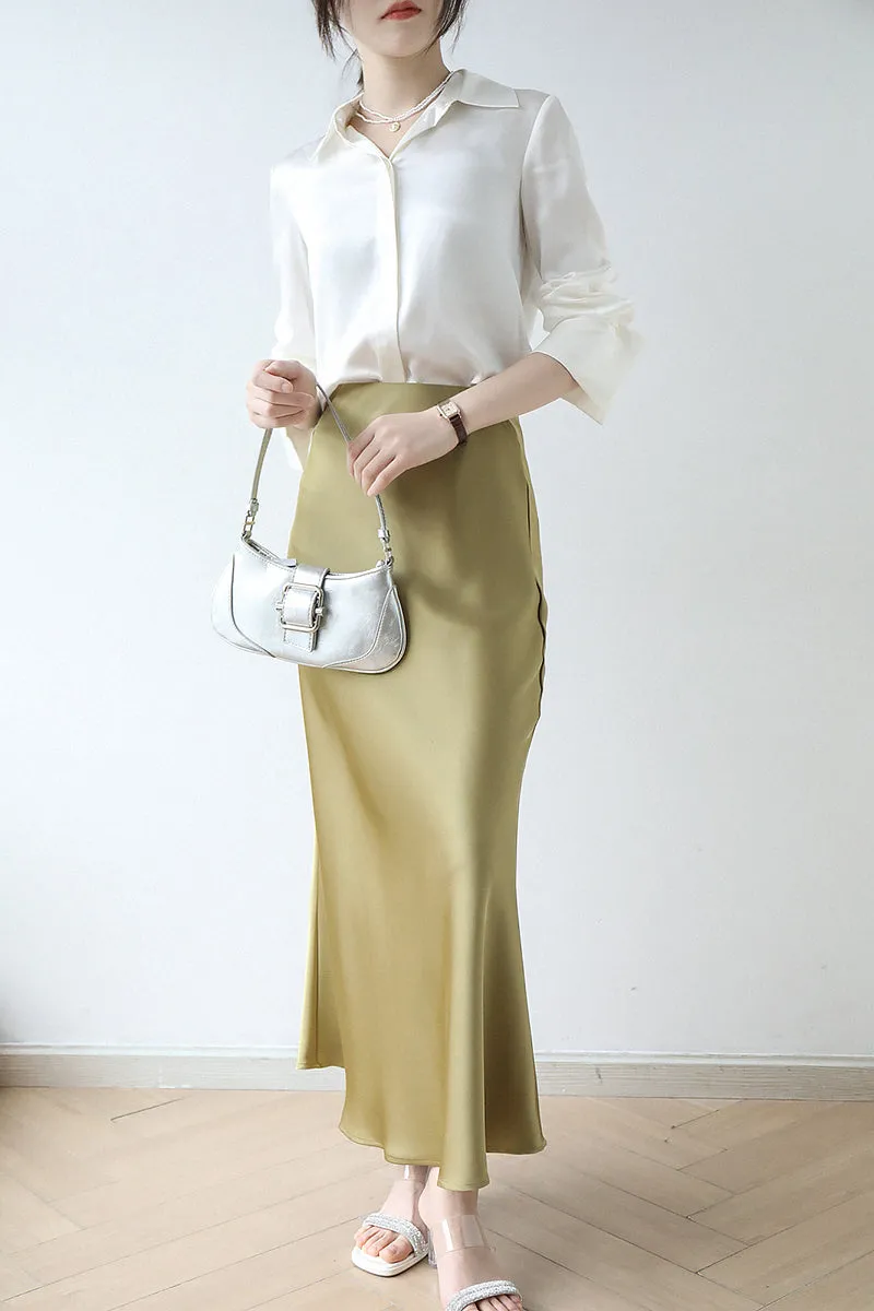 Satin Midi Skirt (ready stock in silver/black (M/ fits S)/ 12 colours)