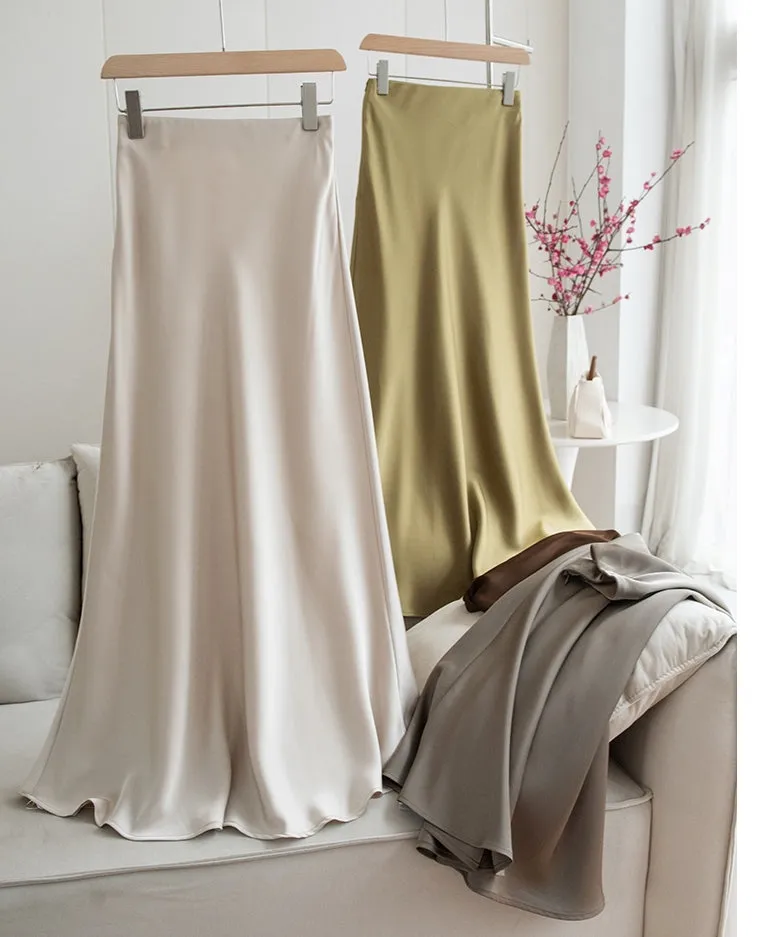 Satin Midi Skirt (ready stock in silver/black (M/ fits S)/ 12 colours)