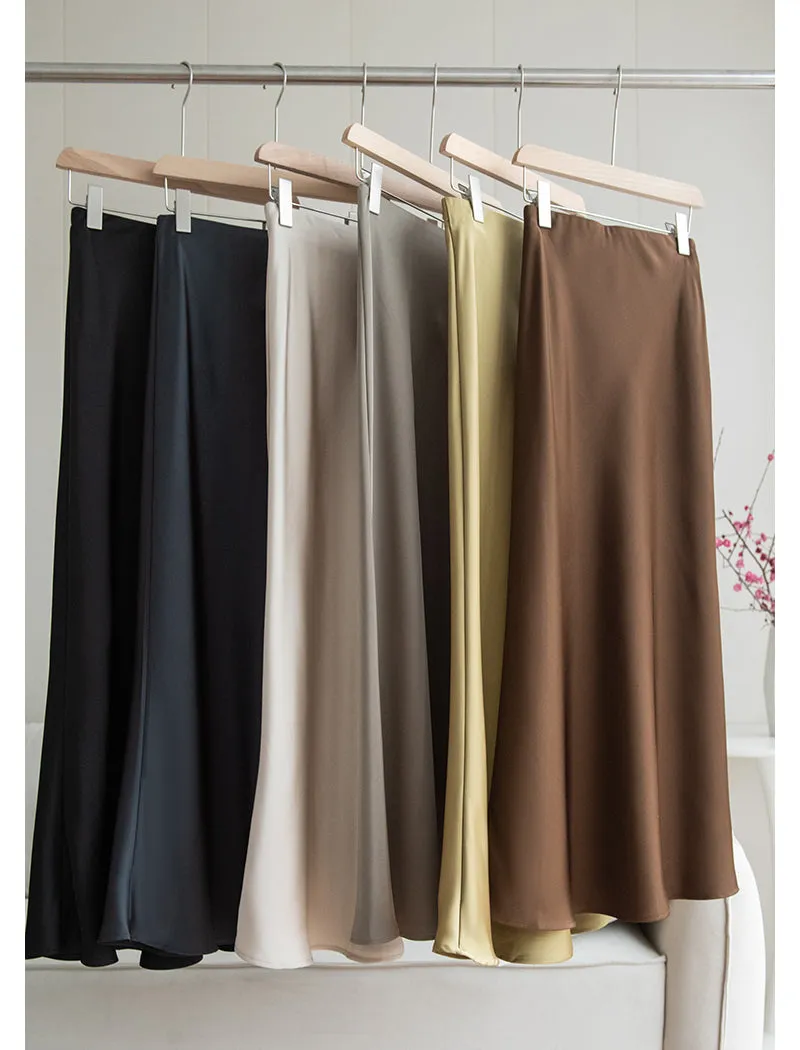 Satin Midi Skirt (ready stock in silver/black (M/ fits S)/ 12 colours)