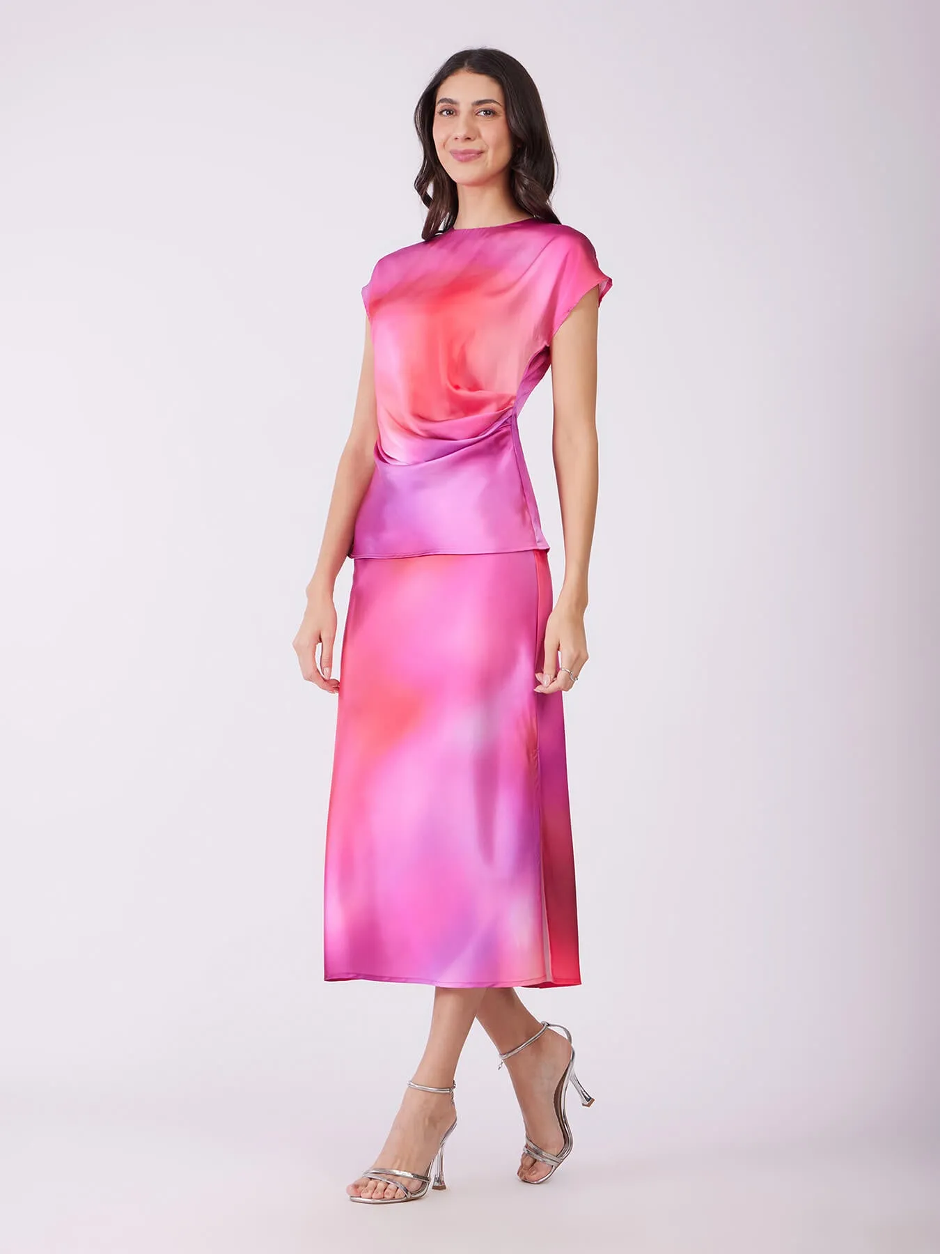 Satin Top And Skirt Co-ord Set - Pink