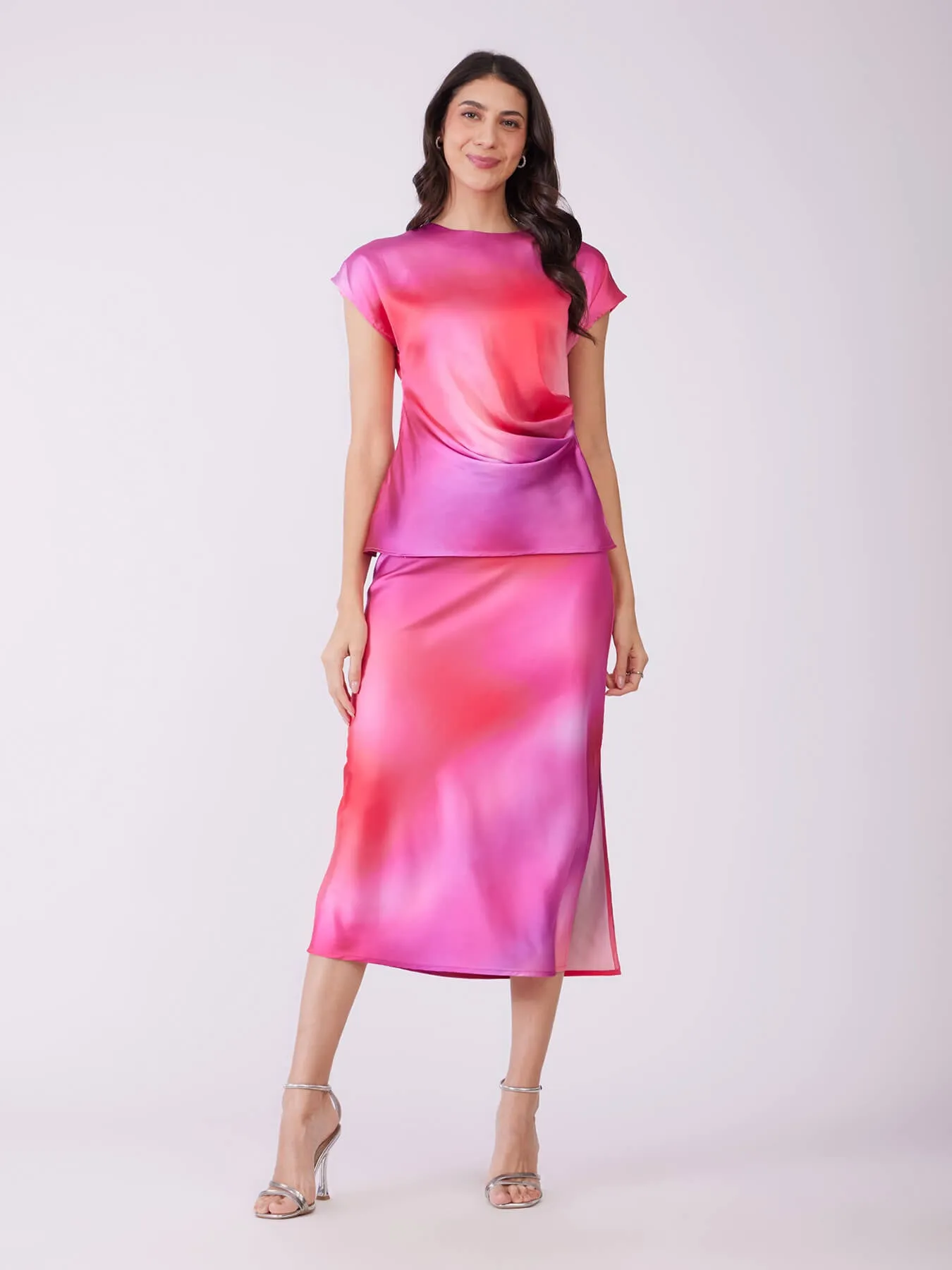 Satin Top And Skirt Co-ord Set - Pink