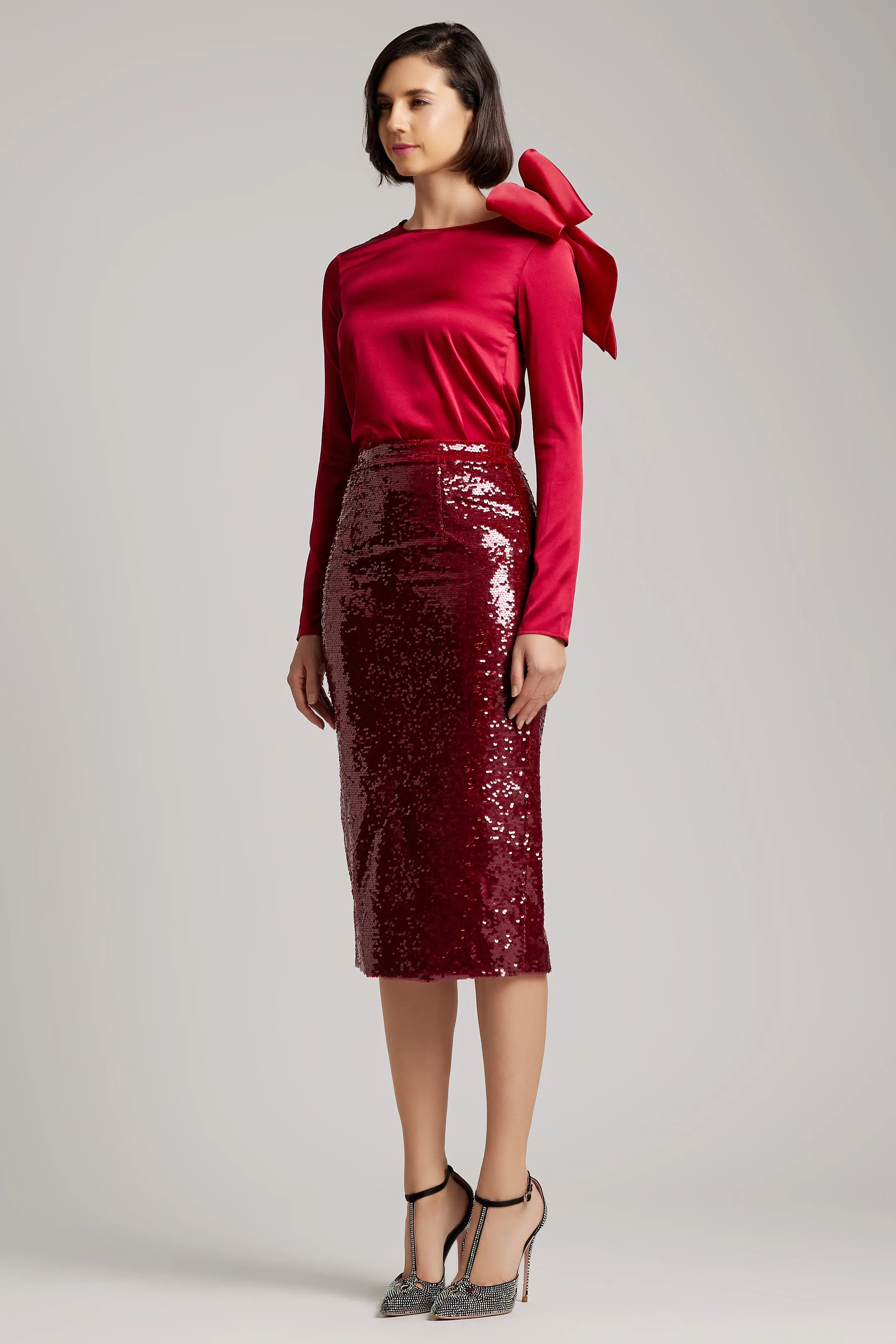 Sequin-Embroidered Midi Skirt with back slit in Red