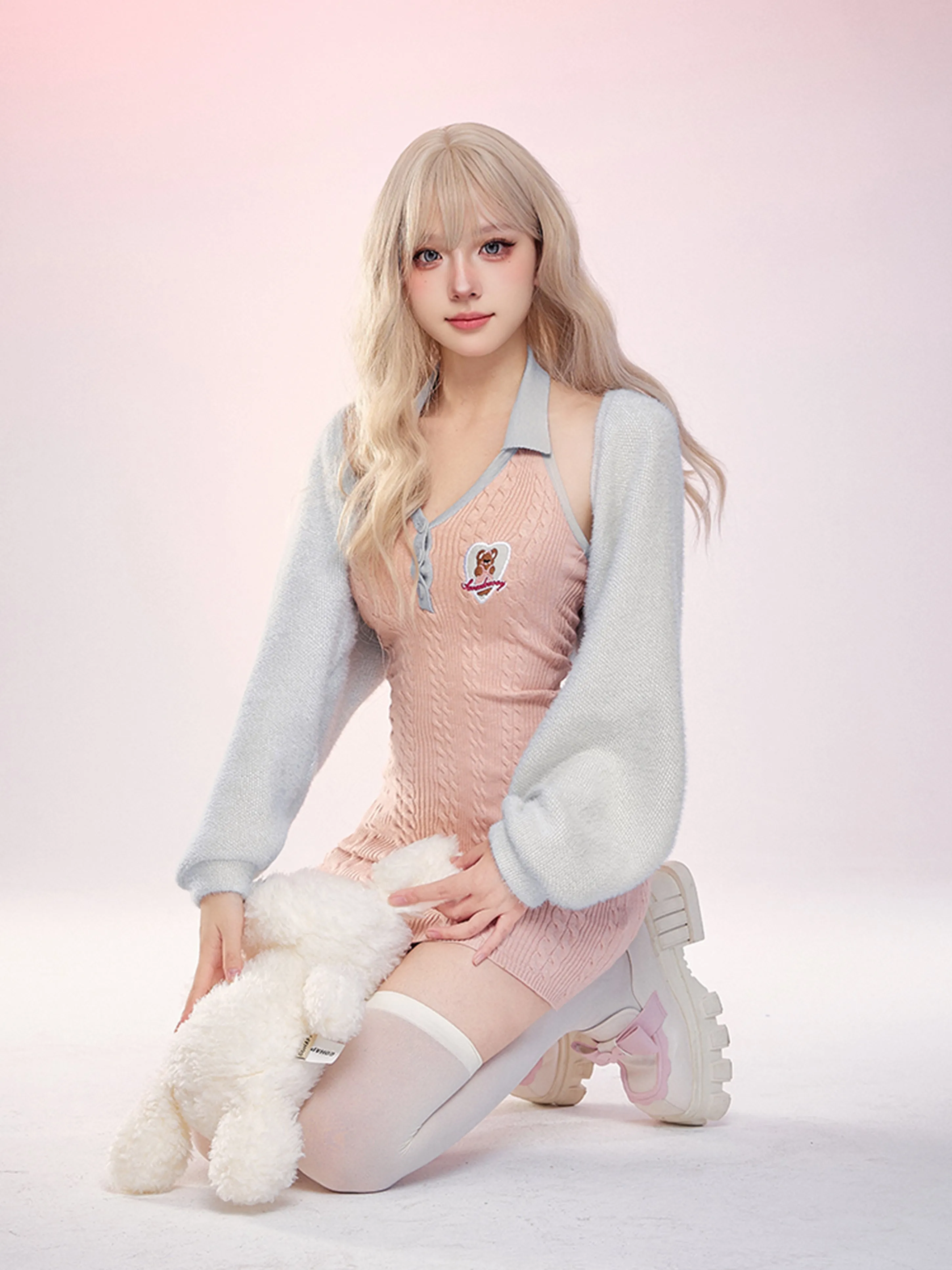 Serendipity Autumn Baby Blue Cardigan & Bear Knit Pink Bodycon Dress Two Piece Set