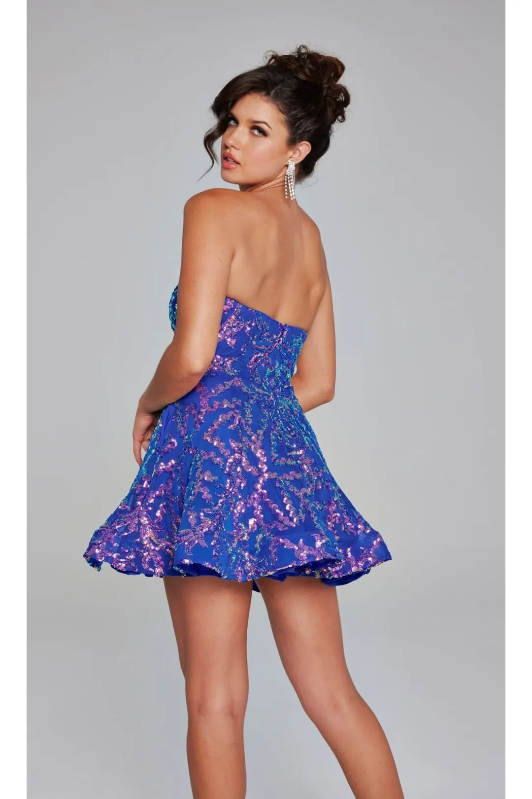 Short Blue Sequin-Print Hoco Dress: Jovani 39927