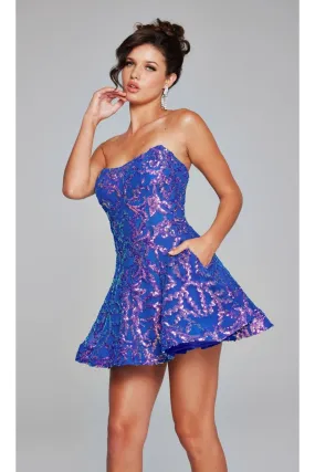 Short Blue Sequin-Print Hoco Dress: Jovani 39927