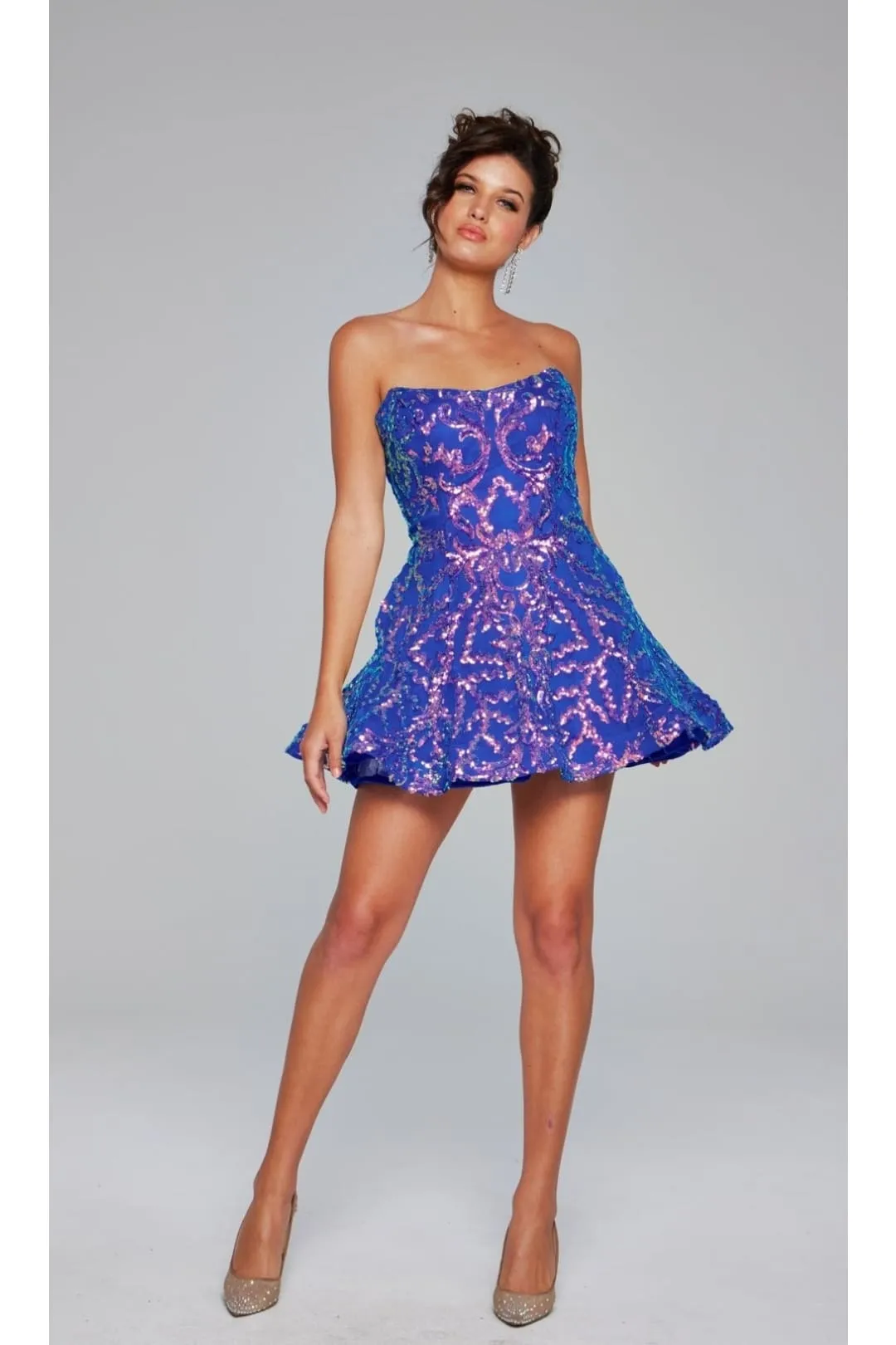Short Blue Sequin-Print Hoco Dress: Jovani 39927