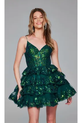 Short Emerald Green Ruffle Hoco Dress: Jovani 4382