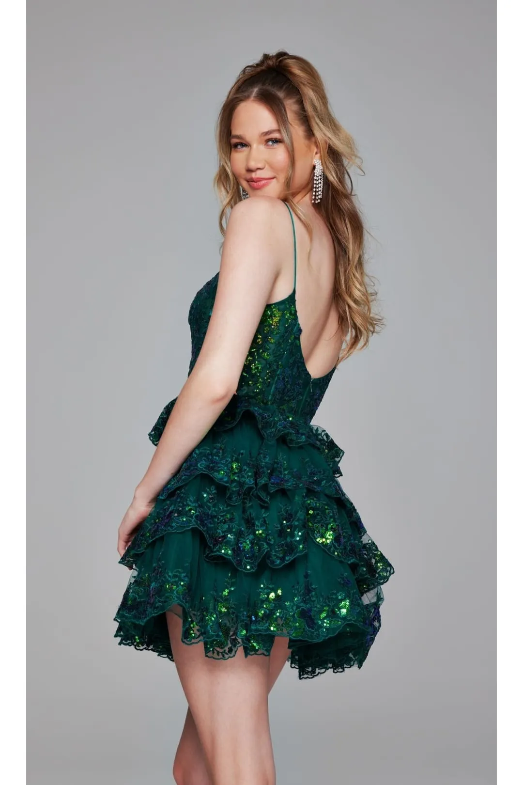 Short Emerald Green Ruffle Hoco Dress: Jovani 4382