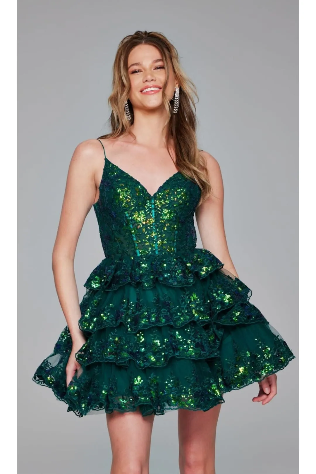 Short Emerald Green Ruffle Hoco Dress: Jovani 4382