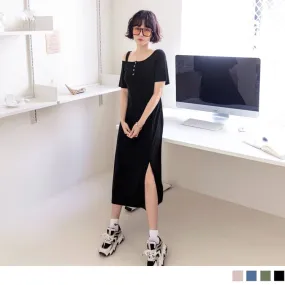 SHORT SLEEVE ELASTIC WAIST TUNIC MAXI DRESS