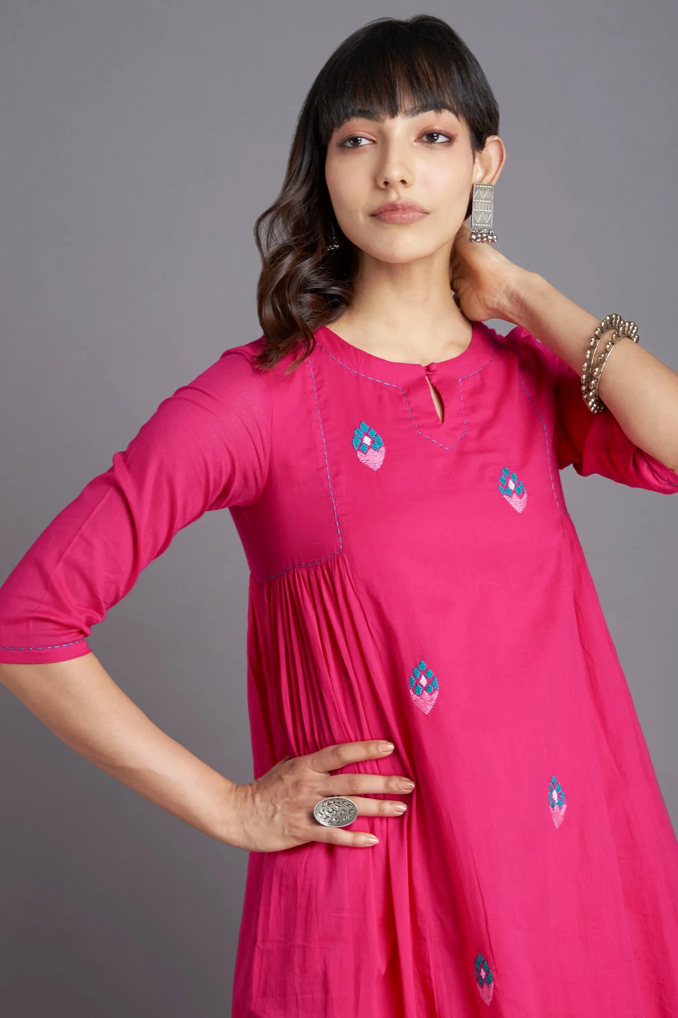 side gather a-line kurta - ravishing pink & tulip glow