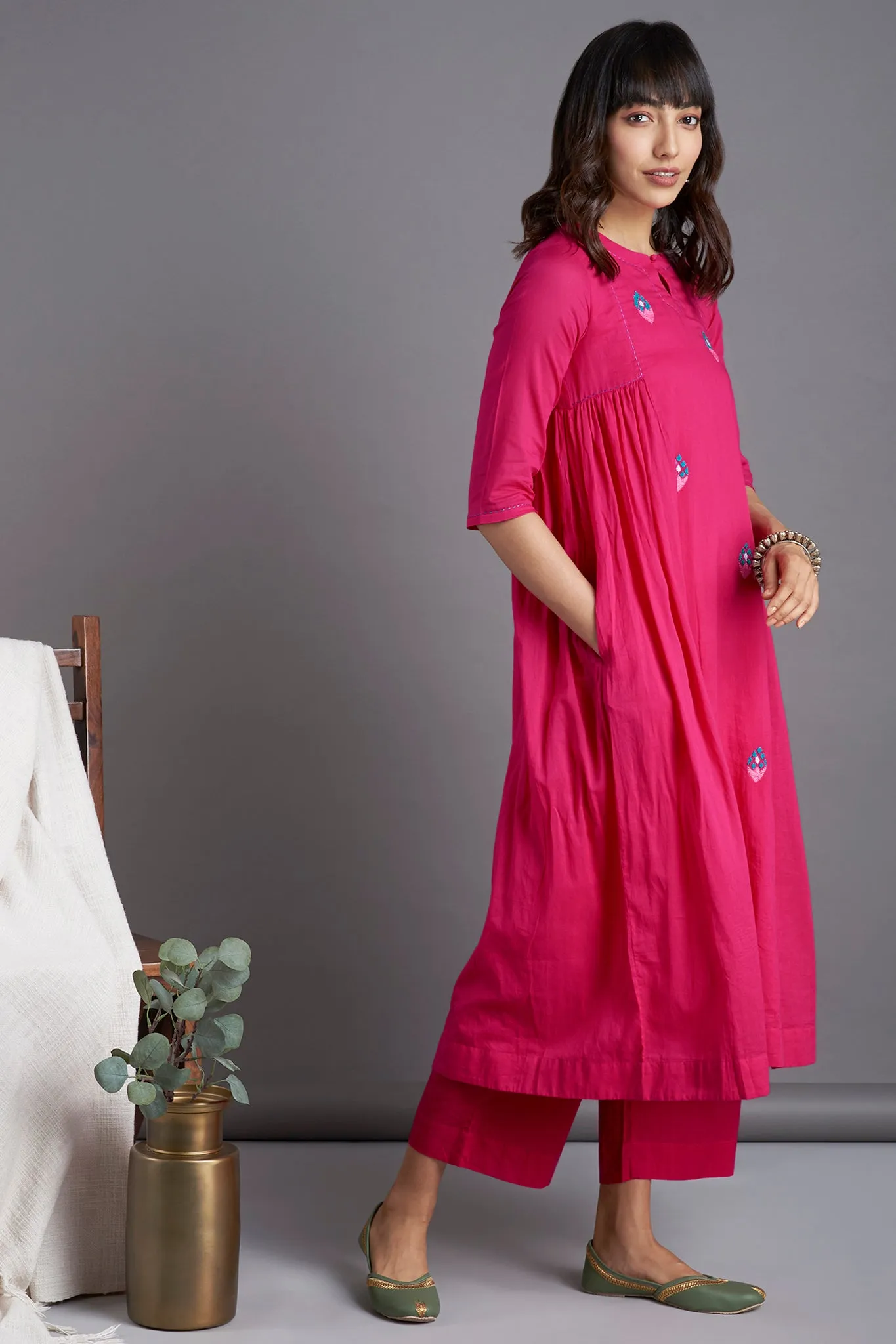 side gather a-line kurta - ravishing pink & tulip glow