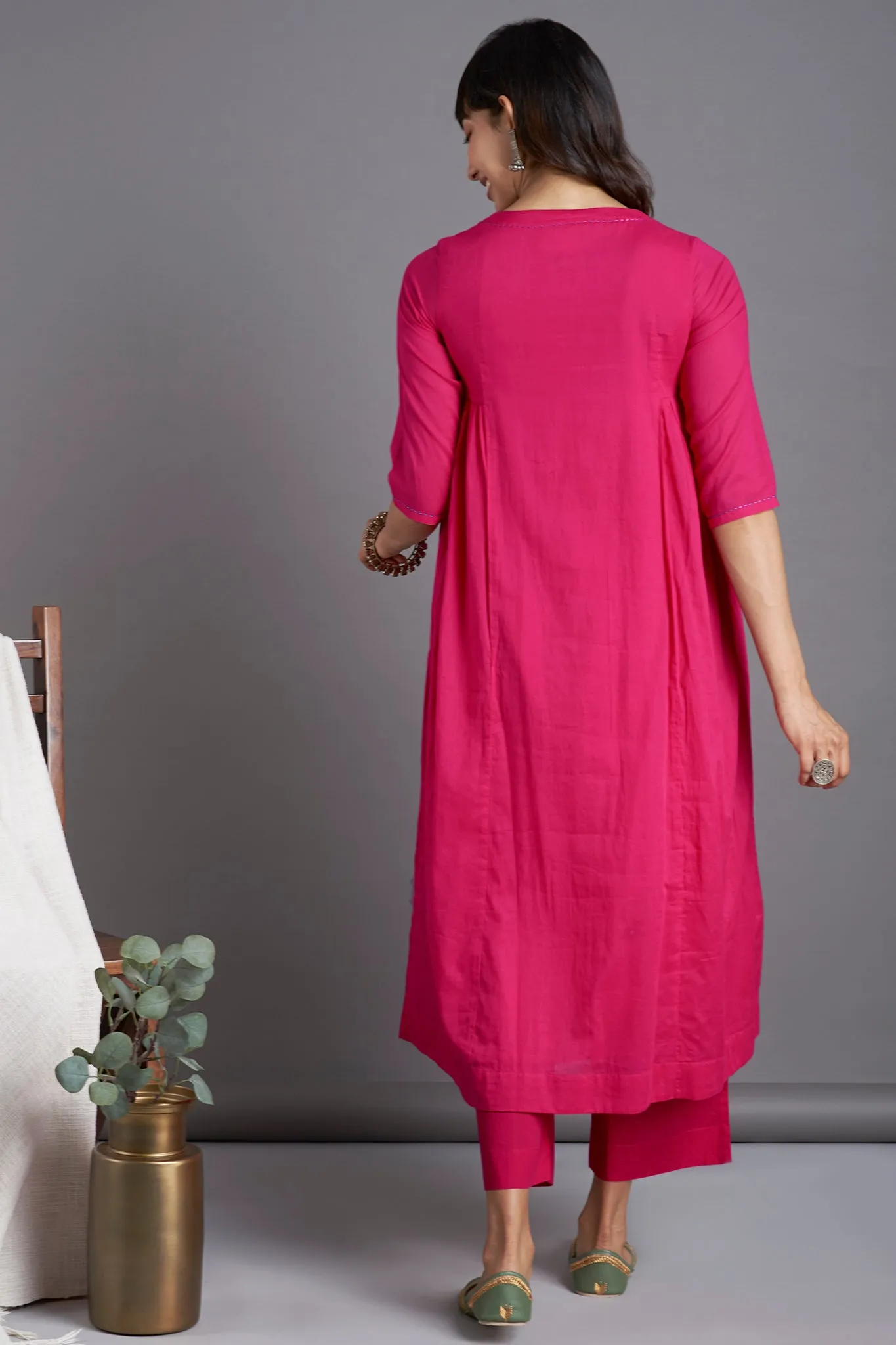 side gather a-line kurta - ravishing pink & tulip glow