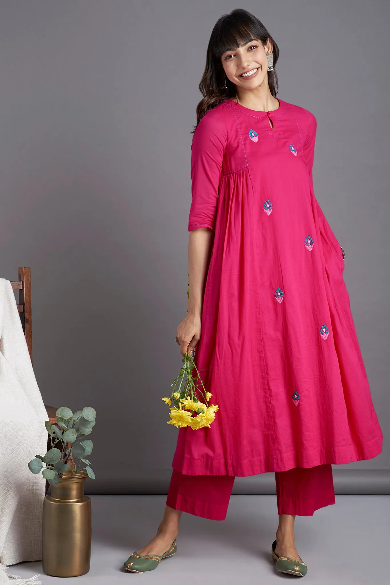 side gather a-line kurta - ravishing pink & tulip glow