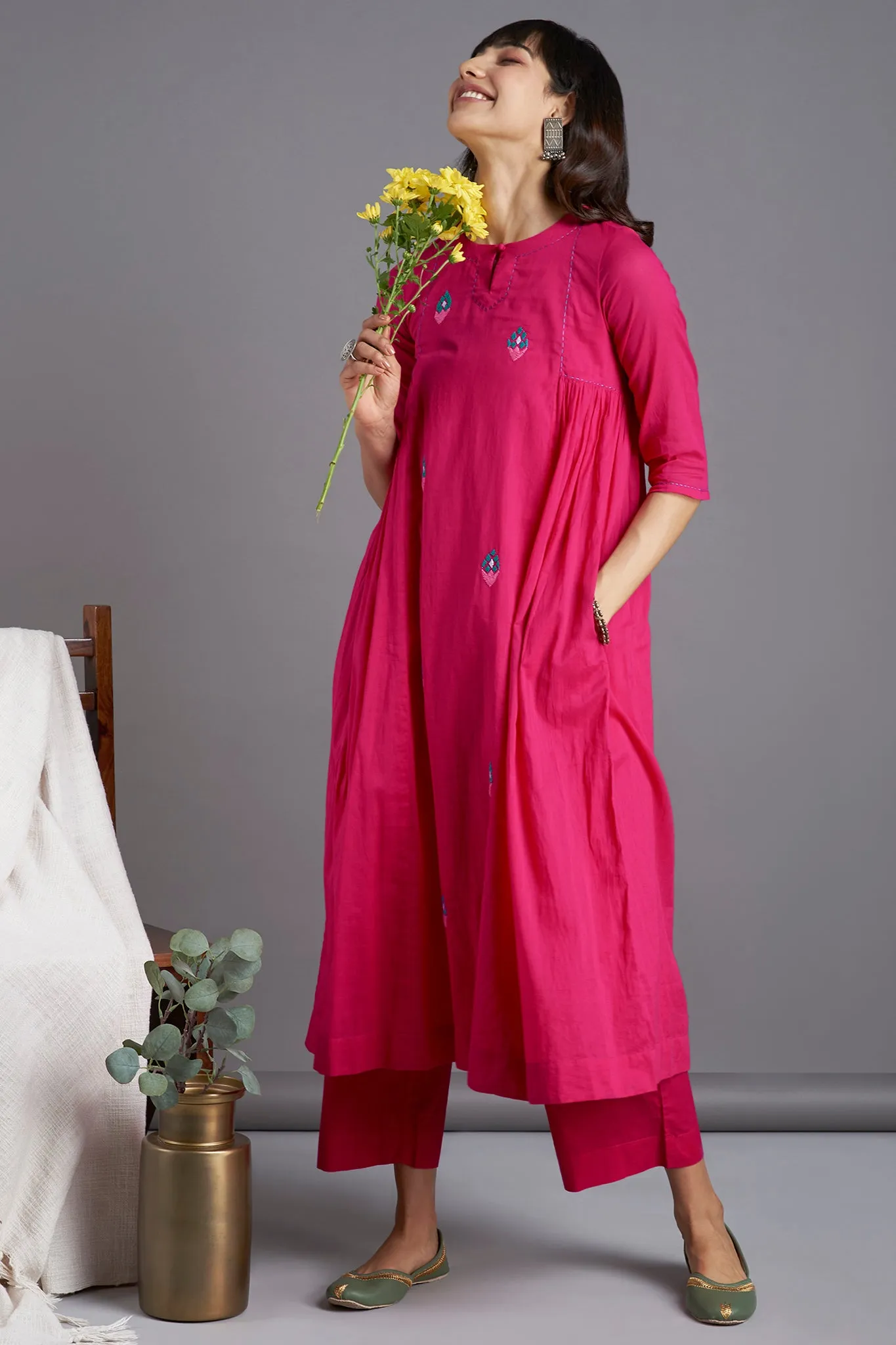 side gather a-line kurta - ravishing pink & tulip glow
